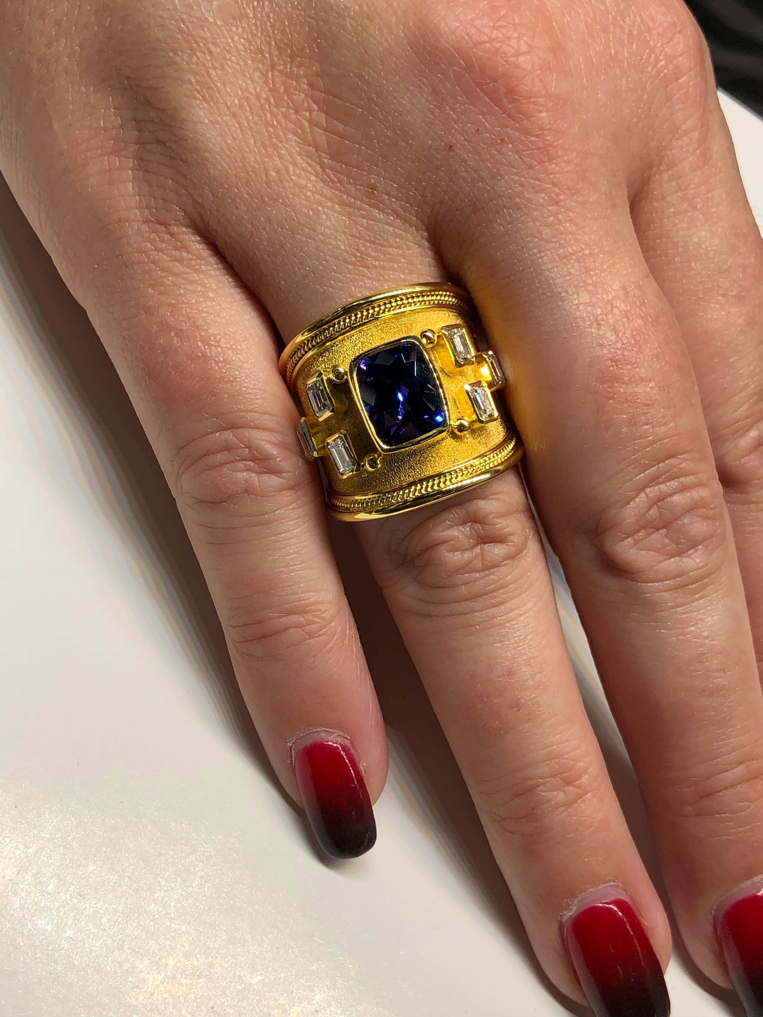 Georgios Collections 18 Karat Yellow Gold Tanzanite Cushion Cut and Diamond Ring In New Condition In Astoria, NY