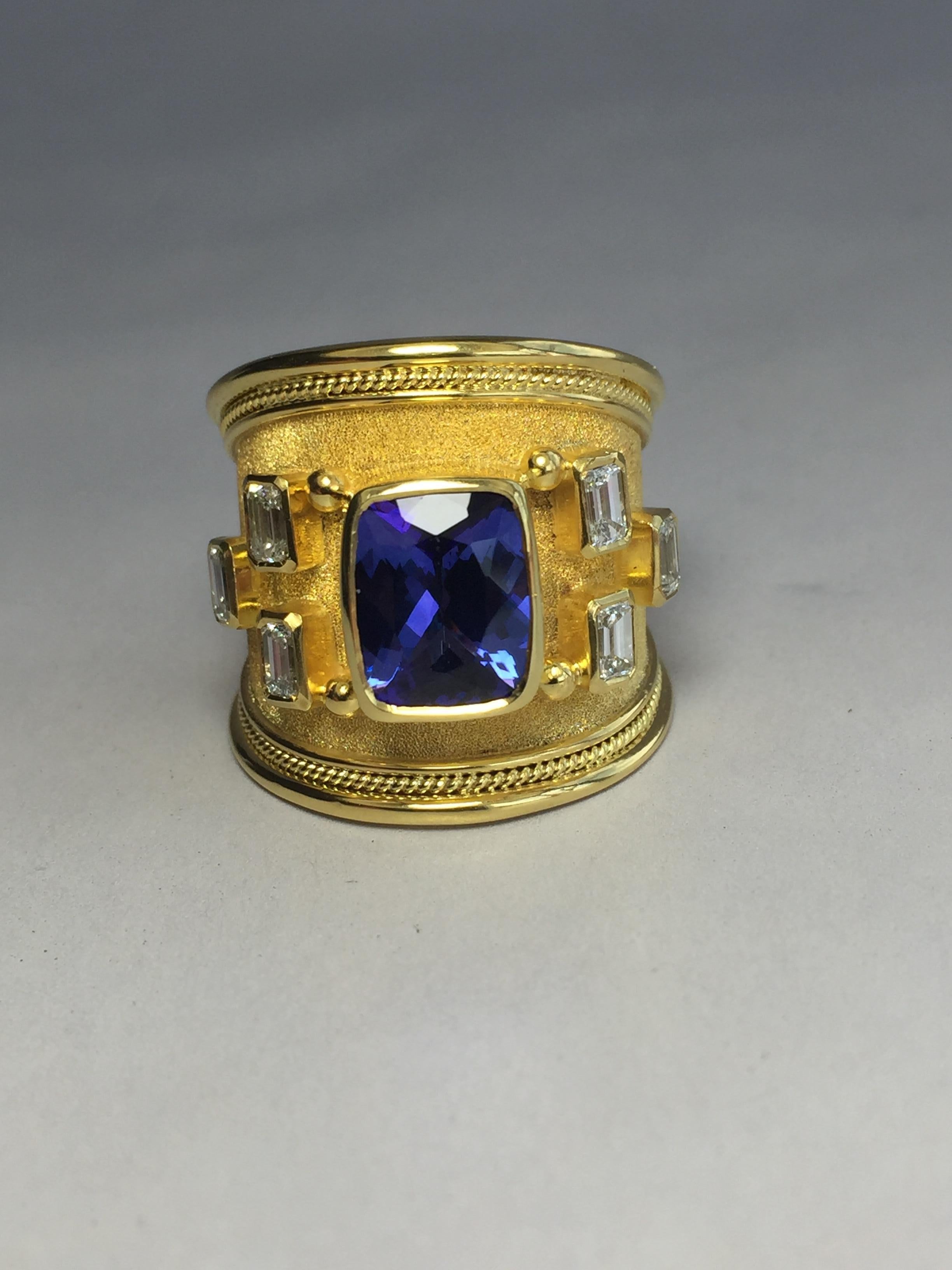 Byzantine Georgios Collections 18 Karat Yellow Gold Tanzanite Cushion Cut and Diamond Ring For Sale