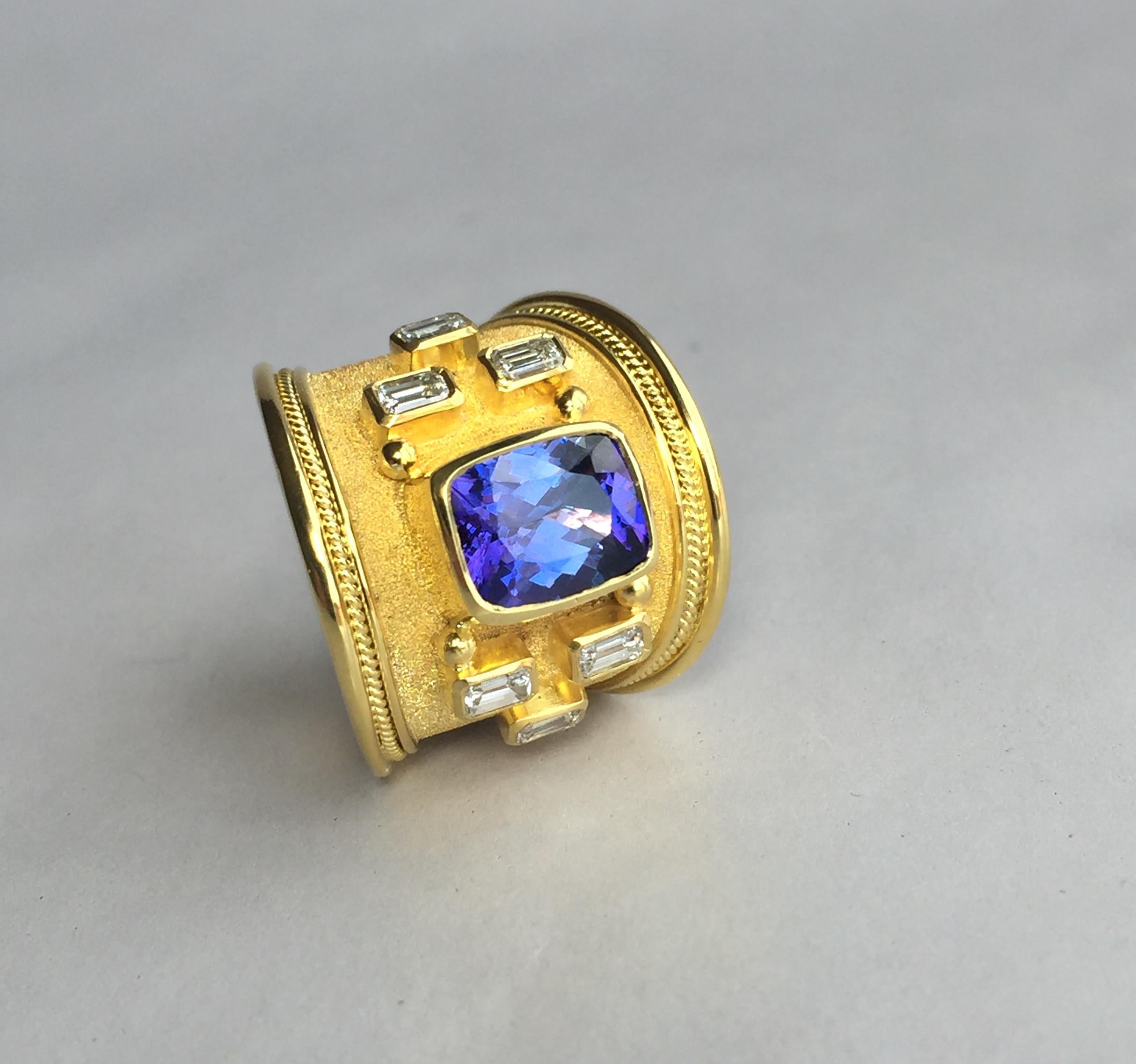 Georgios Collections 18 Karat Yellow Gold Tanzanite Cushion Cut and Diamond Ring For Sale 2