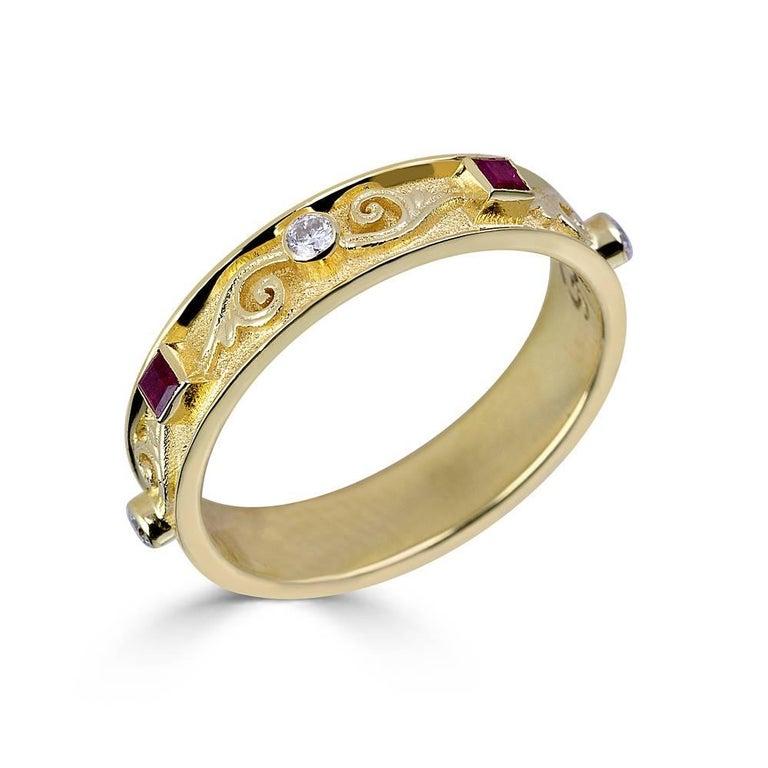 Georgios Collections 18 Karat Yellow Gold Thin Diamond and Ruby Thin Band Ring For Sale 3