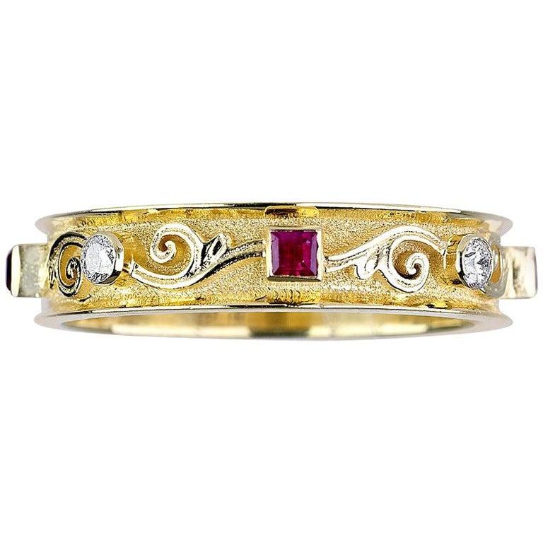 Georgios Collections 18 Karat Yellow Gold Thin Diamond and Ruby Thin Band Ring For Sale 4