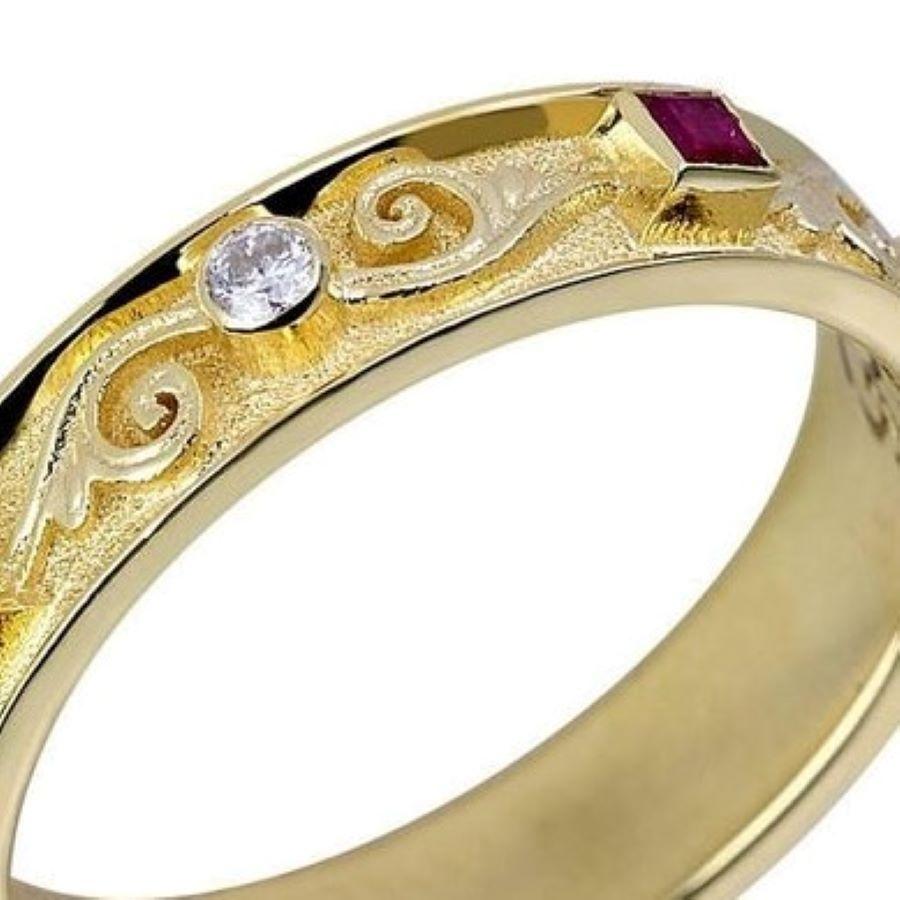 Princess Cut Georgios Collections 18 Karat Yellow Gold Thin Diamond and Ruby Thin Band Ring For Sale