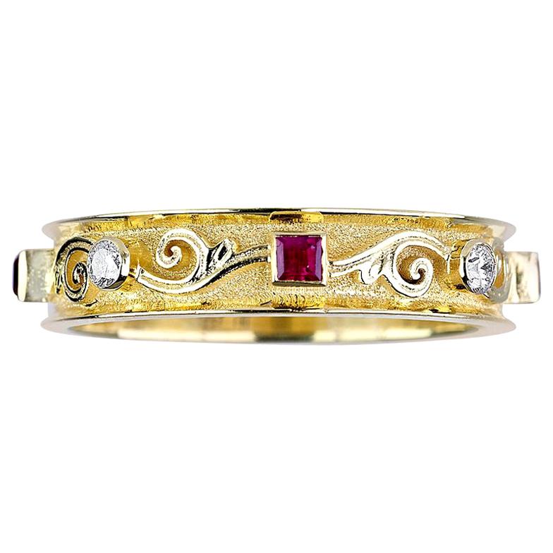 Georgios Collections 18 Karat Yellow Gold Thin Diamond and Ruby Thin Band Ring For Sale