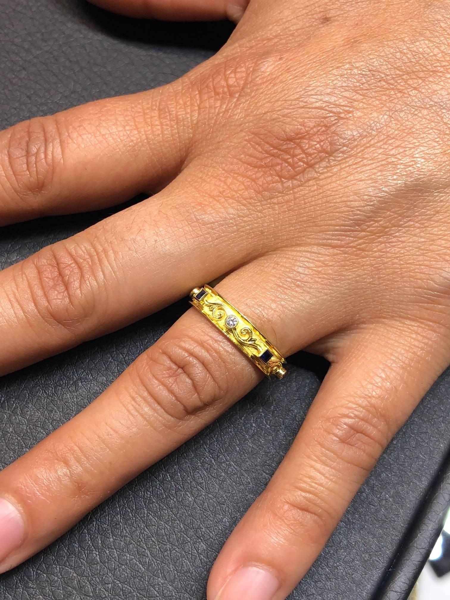 Women's or Men's Georgios Collections 18 Karat Yellow Gold Thin Diamond Ruby Handmade Band Ring