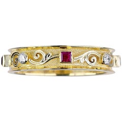 Georgios Collections 18 Karat Yellow Gold Thin Diamond Ruby Handmade Band Ring