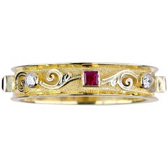 Georgios Collections 18 Karat Yellow Gold Thin Diamond Ruby Handmade Band Ring