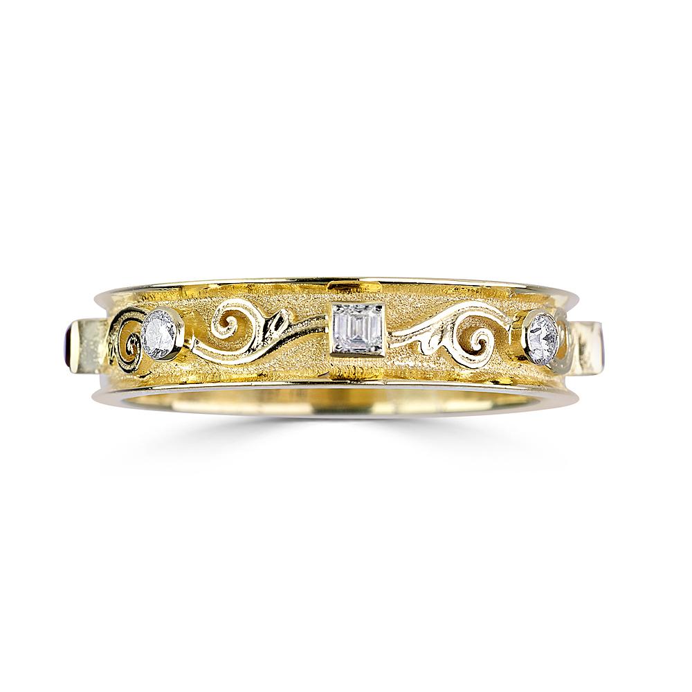 S.Georgios designer ring is handmade from solid 18 Karat Yellow Gold and is microscopically decorated all around with gold beads and wires, granulation work is done all by hand - the Greek design symbolizing eternal life. This gorgeous band features