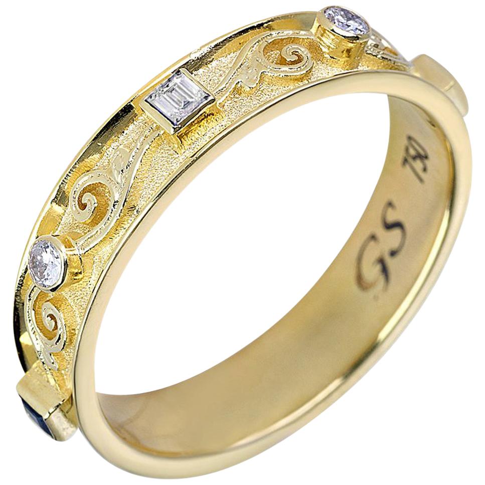 Georgios Collections 18 Karat Yellow Gold Thin Diamond Unisex Band Ring For Sale