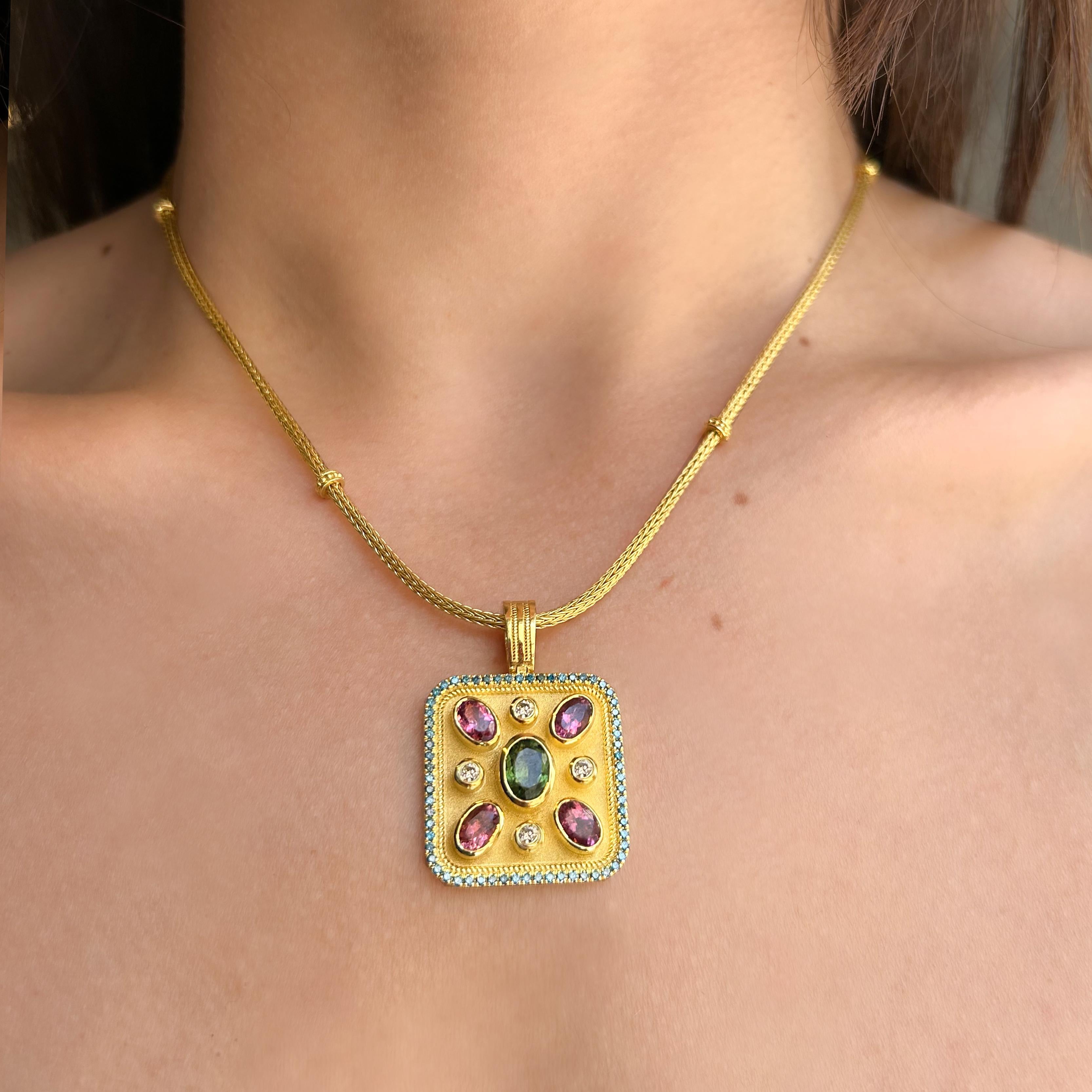 Georgios Collections 18 Karat Yellow Gold Tourmaline and Blue Diamond Pendant in vendita 4