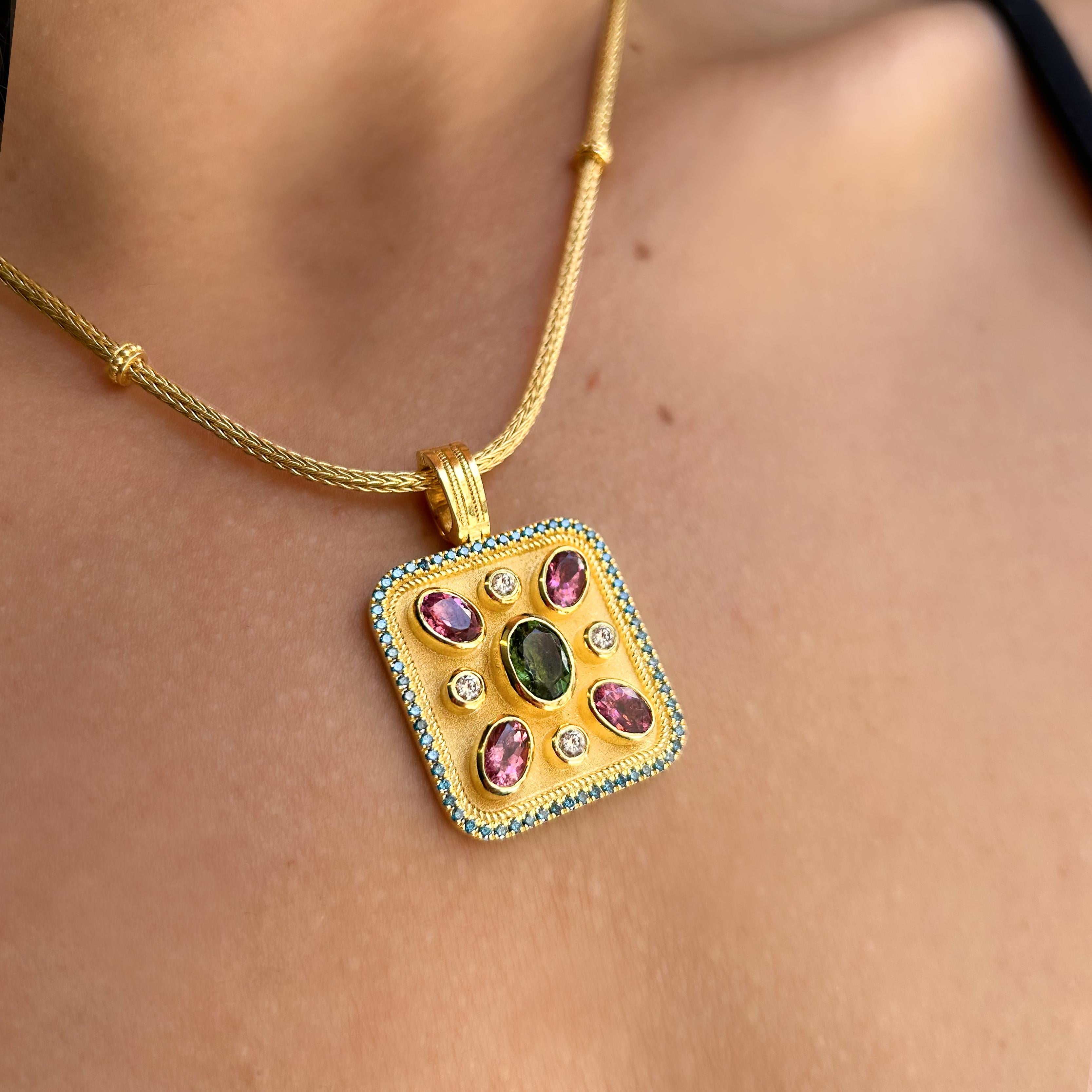 Georgios Collections 18 Karat Yellow Gold Tourmaline and Blue Diamond Pendant in vendita 5