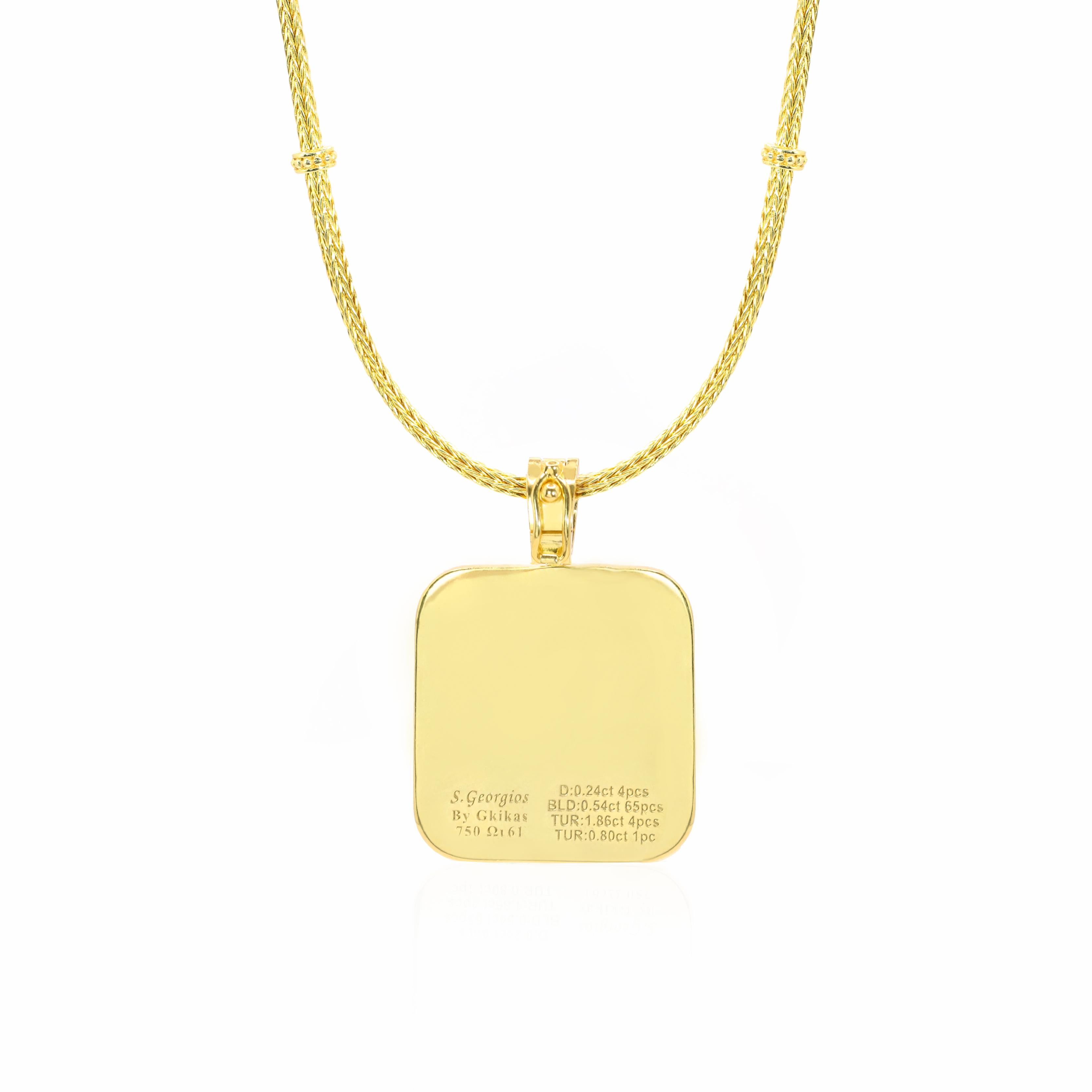 S.Georgios designer pendant is handcrafted in solid 18 Karat Yellow Gold, showcasing a vibrant and colorful composition of fine gemstones. At its center lies an oval-cut green tourmaline (0.80 carats) , framed by four vivid pink tourmalines (1,86