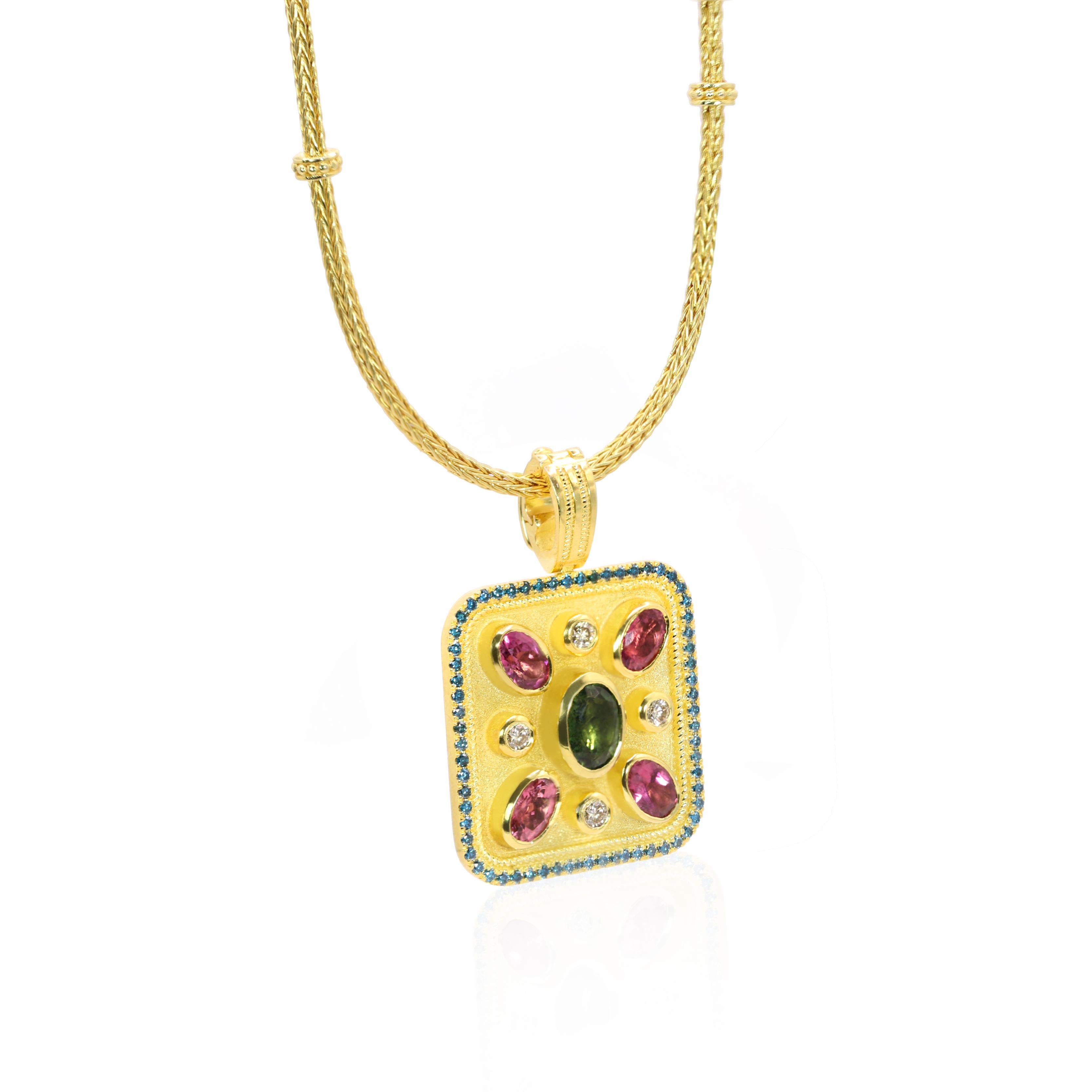 Bizantino Georgios Collections 18 Karat Yellow Gold Tourmaline and Blue Diamond Pendant in vendita