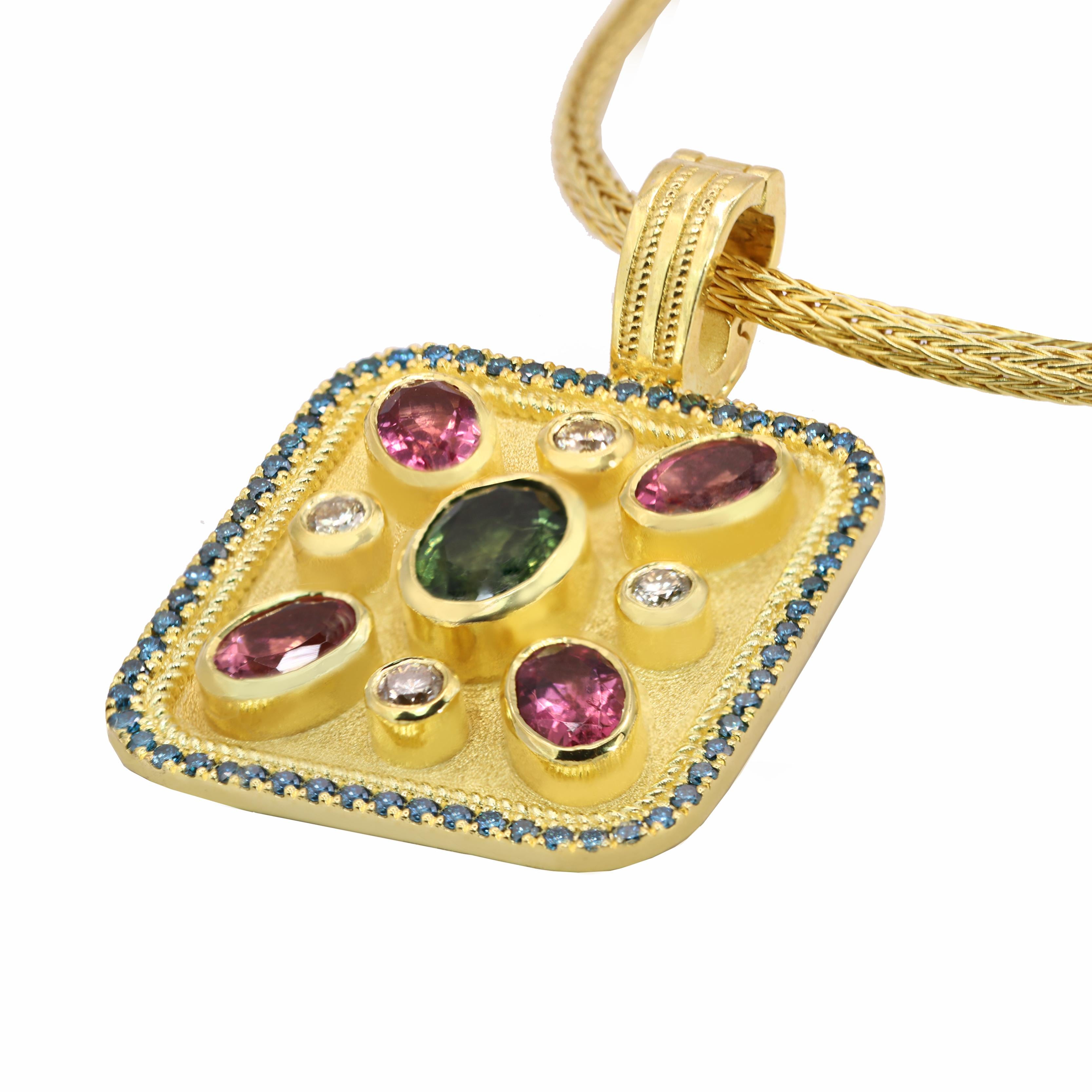 Taglio ovale Georgios Collections 18 Karat Yellow Gold Tourmaline and Blue Diamond Pendant in vendita