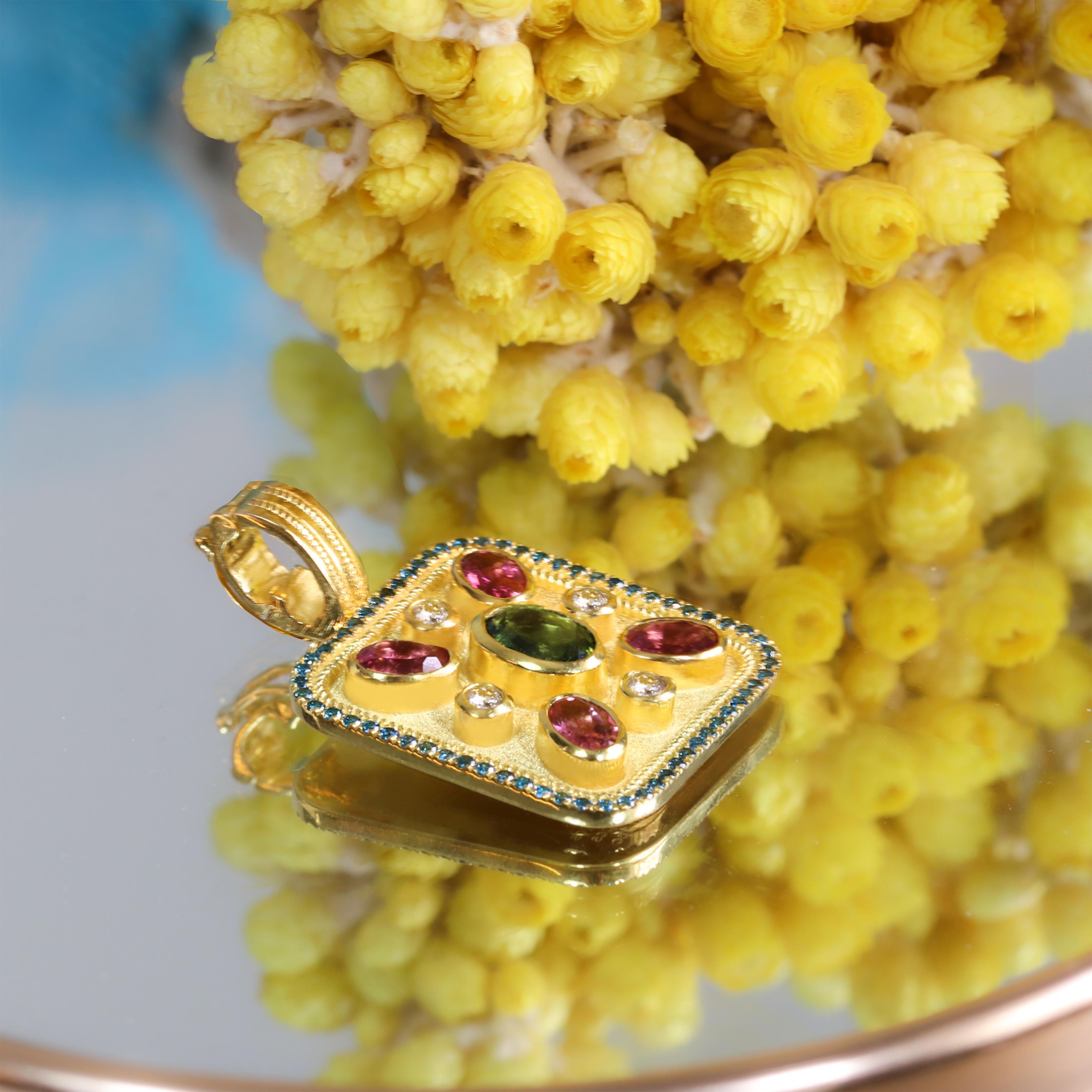 Georgios Collections 18 Karat Yellow Gold Tourmaline and Blue Diamond Pendant In condizioni Nuovo in vendita a Astoria, NY