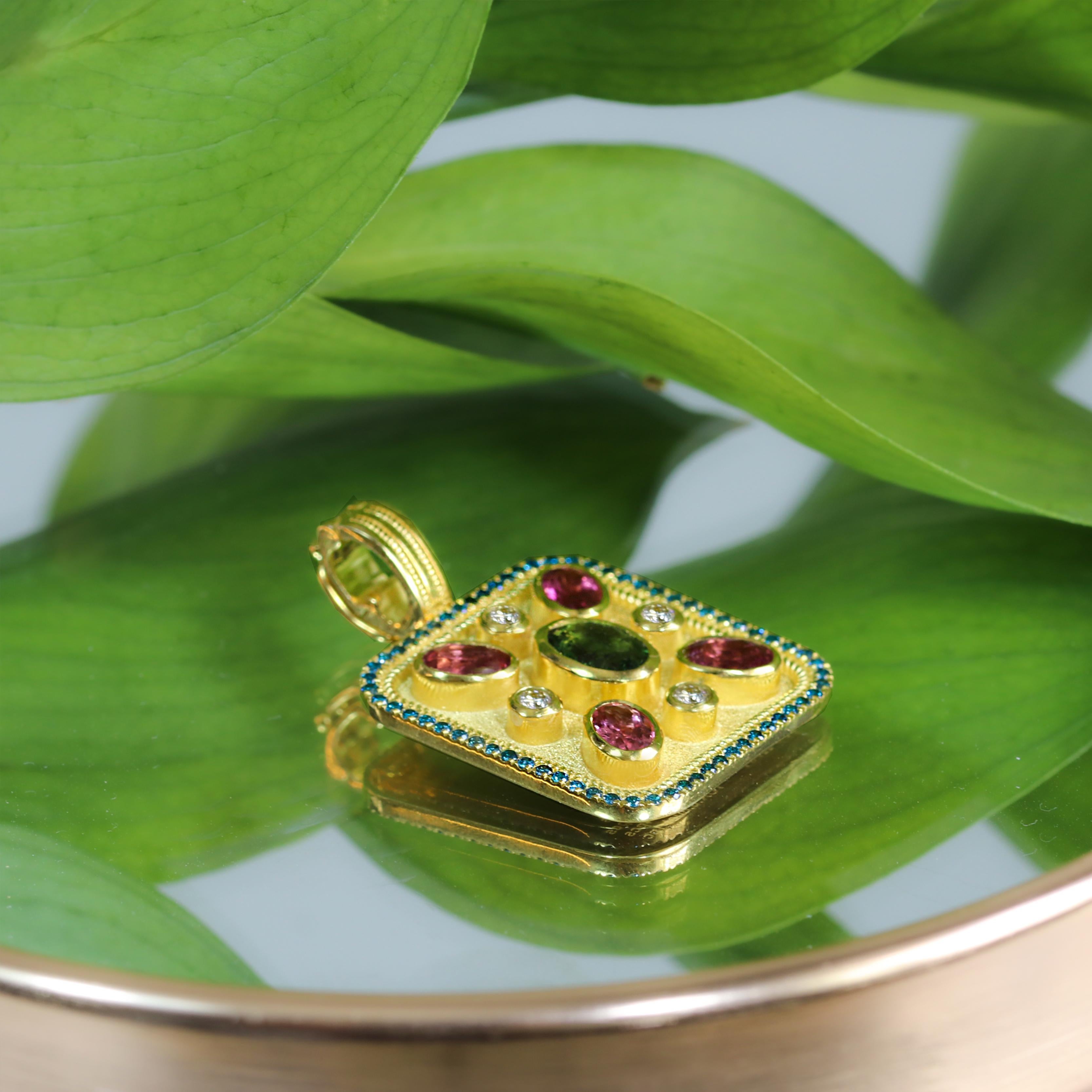 Donna Georgios Collections 18 Karat Yellow Gold Tourmaline and Blue Diamond Pendant in vendita