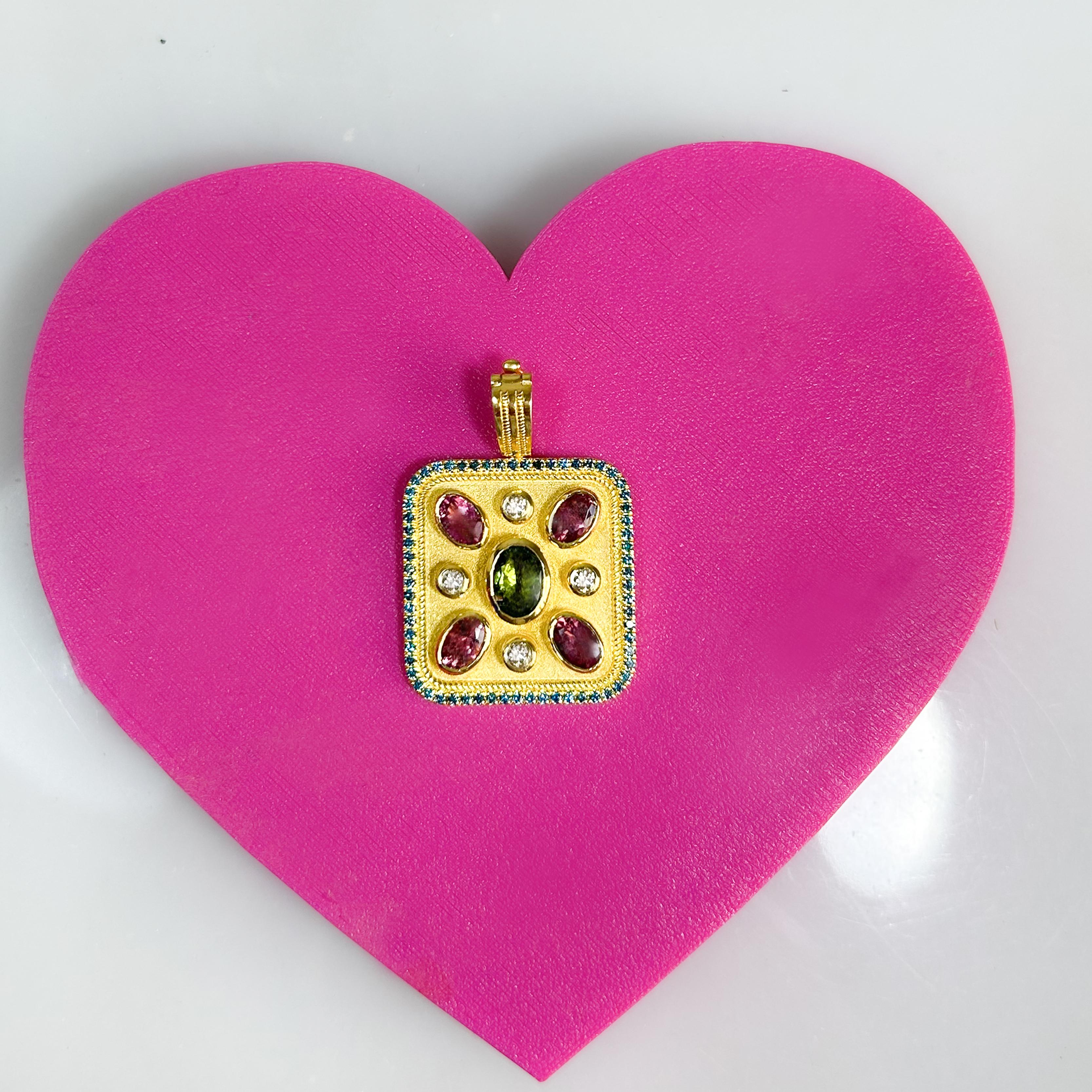 Georgios Collections 18 Karat Yellow Gold Tourmaline and Blue Diamond Pendant in vendita 2