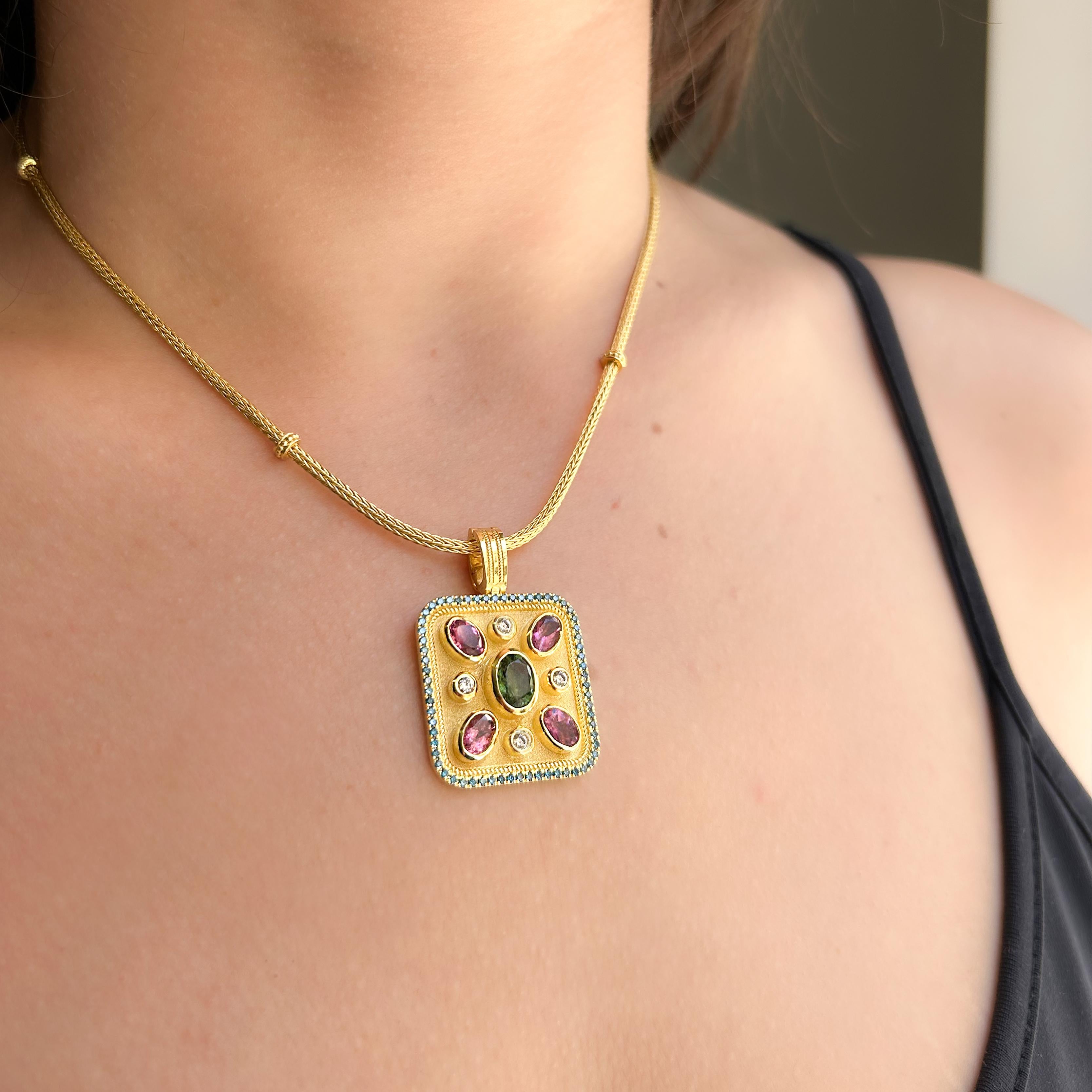 Georgios Collections 18 Karat Yellow Gold Tourmaline and Blue Diamond Pendant in vendita 3