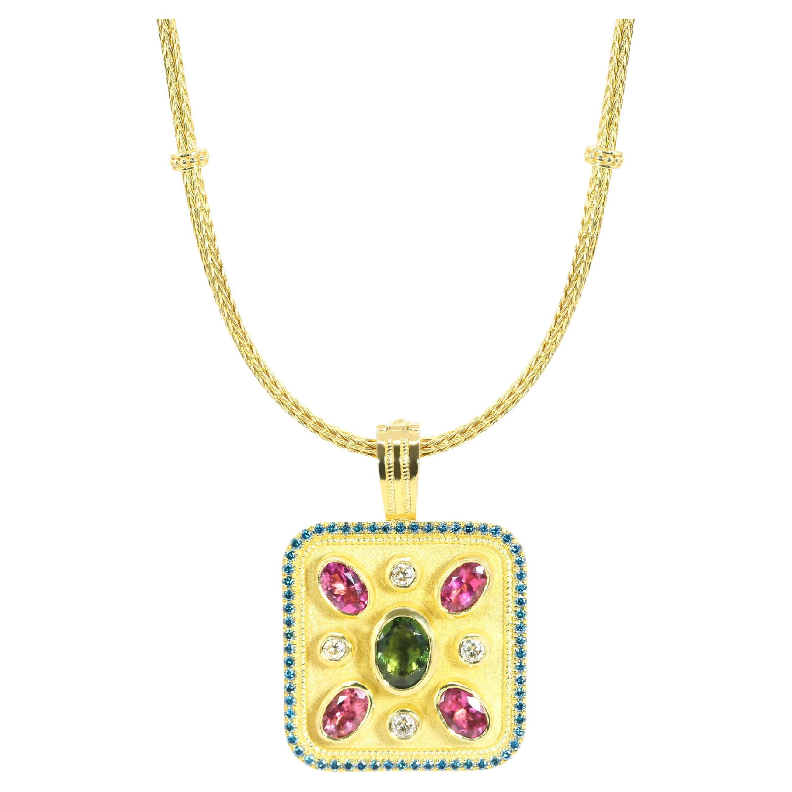 Georgios Collections 18 Karat Yellow Gold Tourmaline and Blue Diamond Pendant