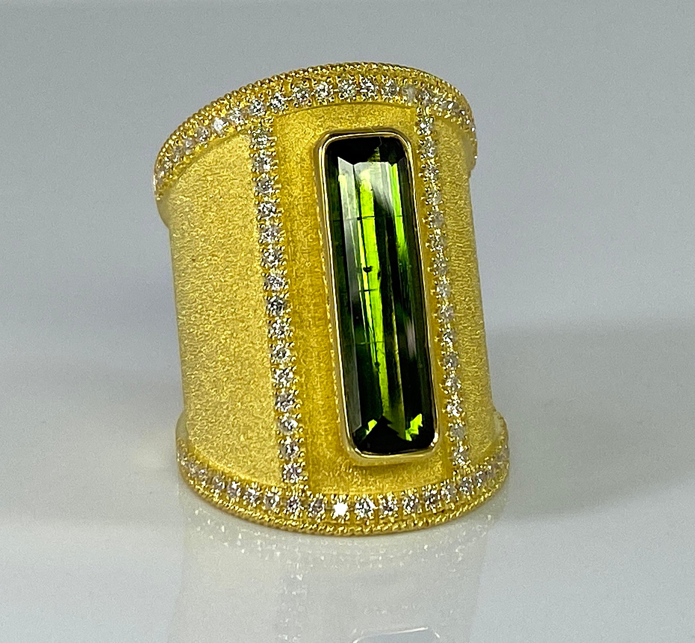 Women's or Men's Georgios Collections 18 Karat Yellow Gold Tourmaline and Diamond Wide Ring For Sale