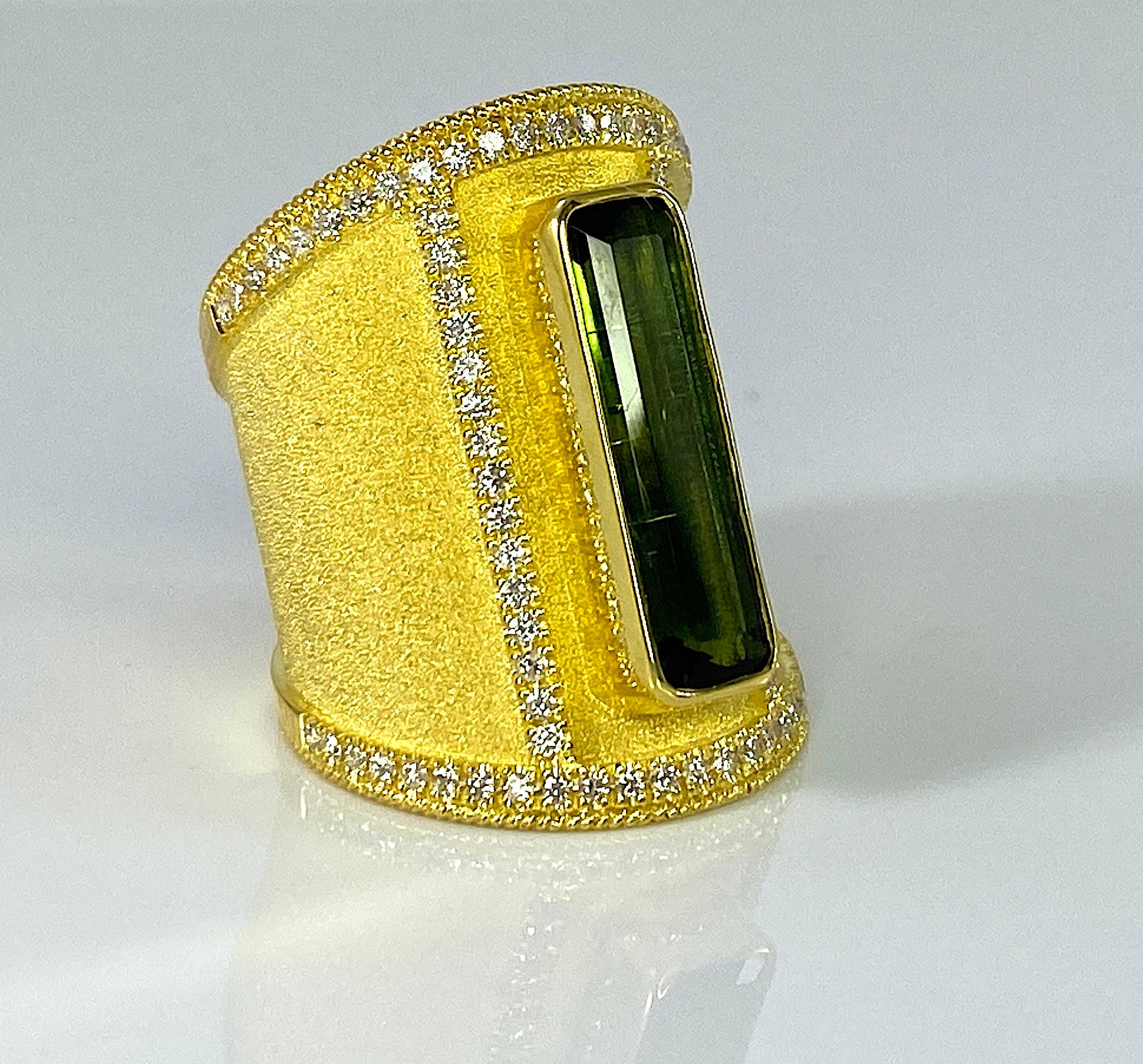 Georgios Collections 18 Karat Yellow Gold Tourmaline and Diamond Wide Ring For Sale 2