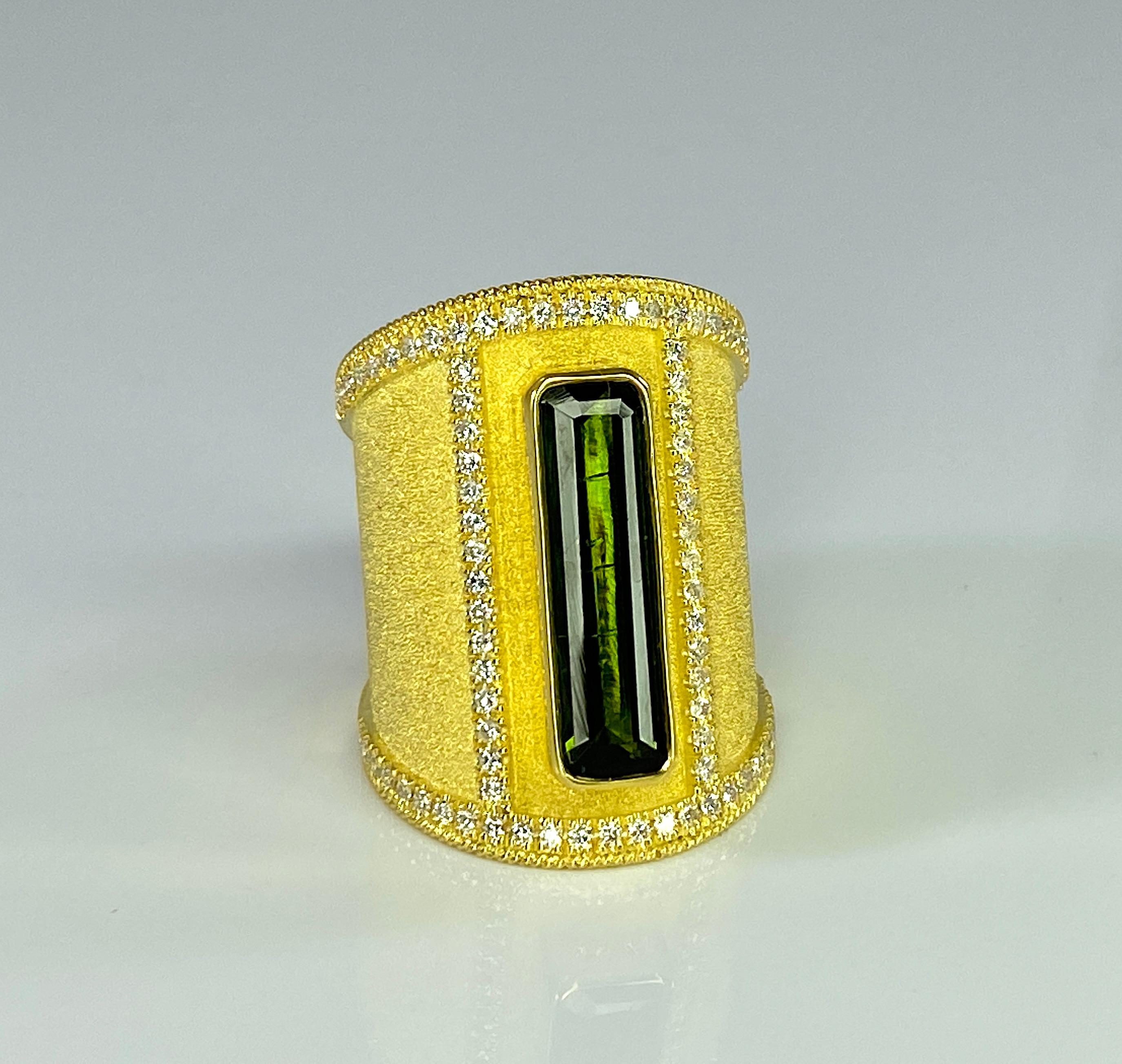 Georgios Collections 18 Karat Yellow Gold Tourmaline and Diamond Wide Ring For Sale 3