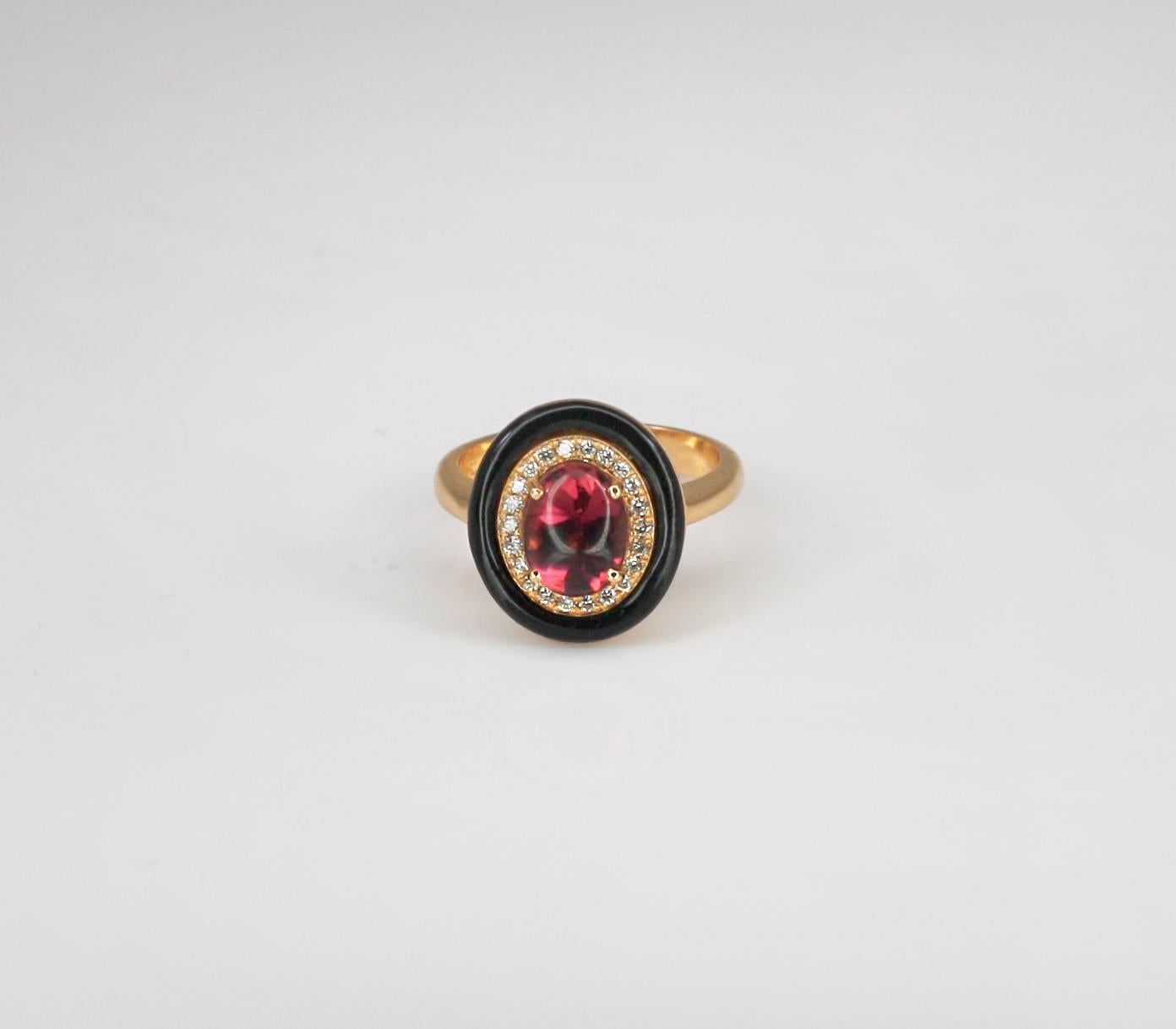 This S.Georgios Designer Ring is all hand-made in yellow Gold 18 Karat. The stunning piece features a solitaire Cabochon Natural Tourmaline with a total weight of 2.00 Carat and natural white brilliant cut diamonds total weight of 0.18 Carat. We