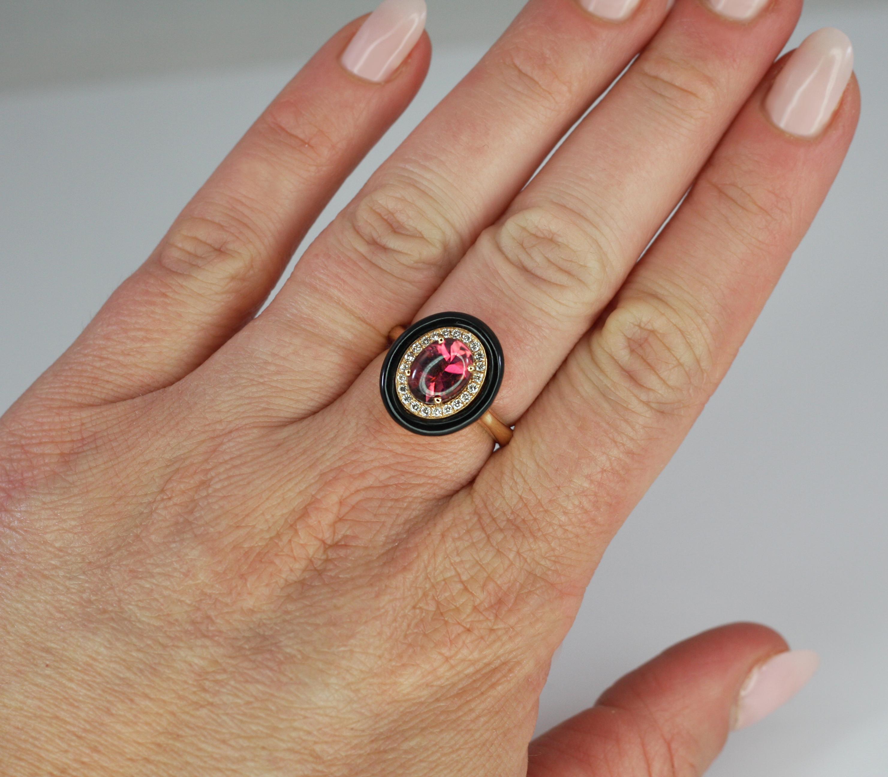 Cabochon Georgios Collections 18 Karat Rose Gold Tourmaline and Enamel Diamond Ring For Sale