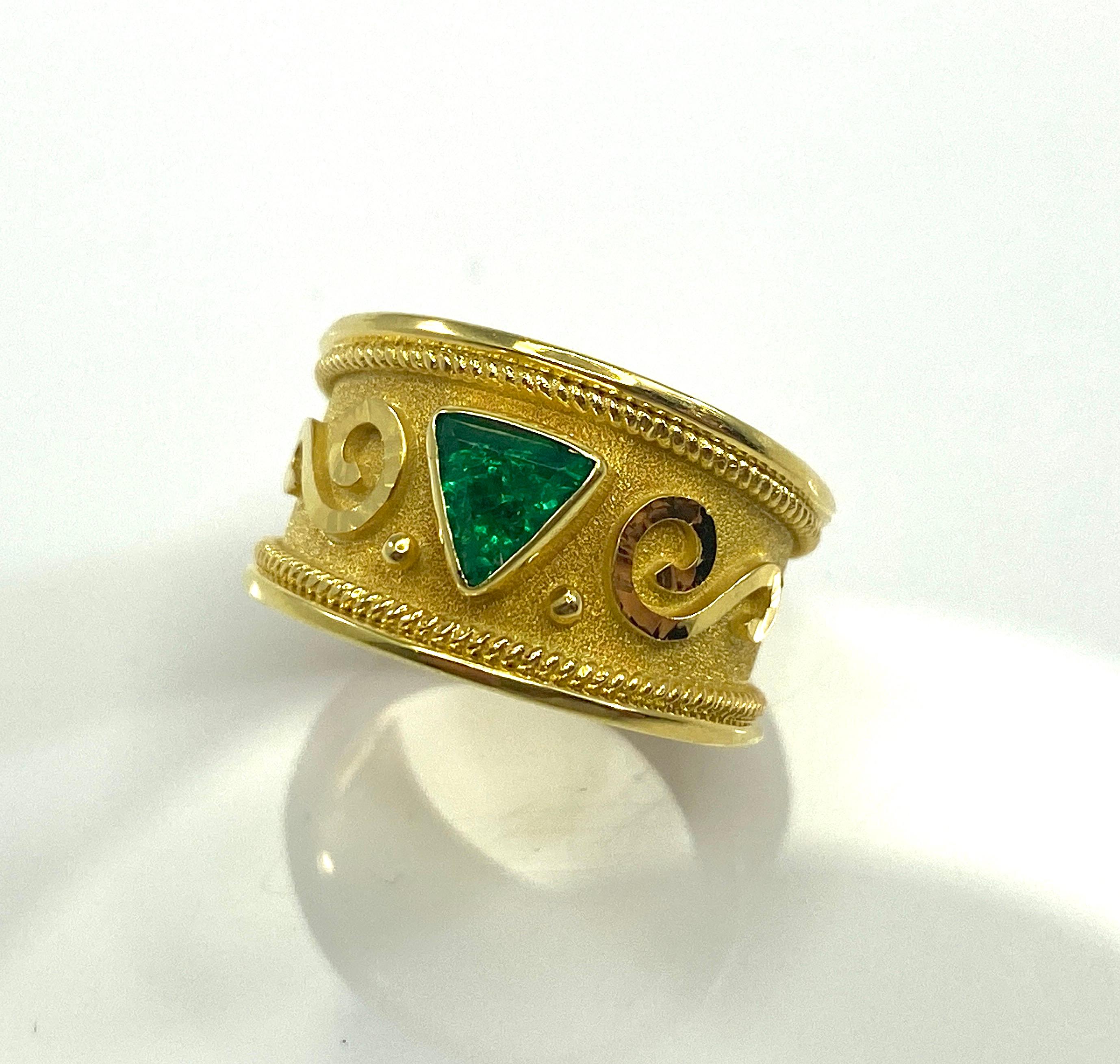 Georgios Collections 18 Karat Yellow Gold Trillion Emerald Ring For Sale 4