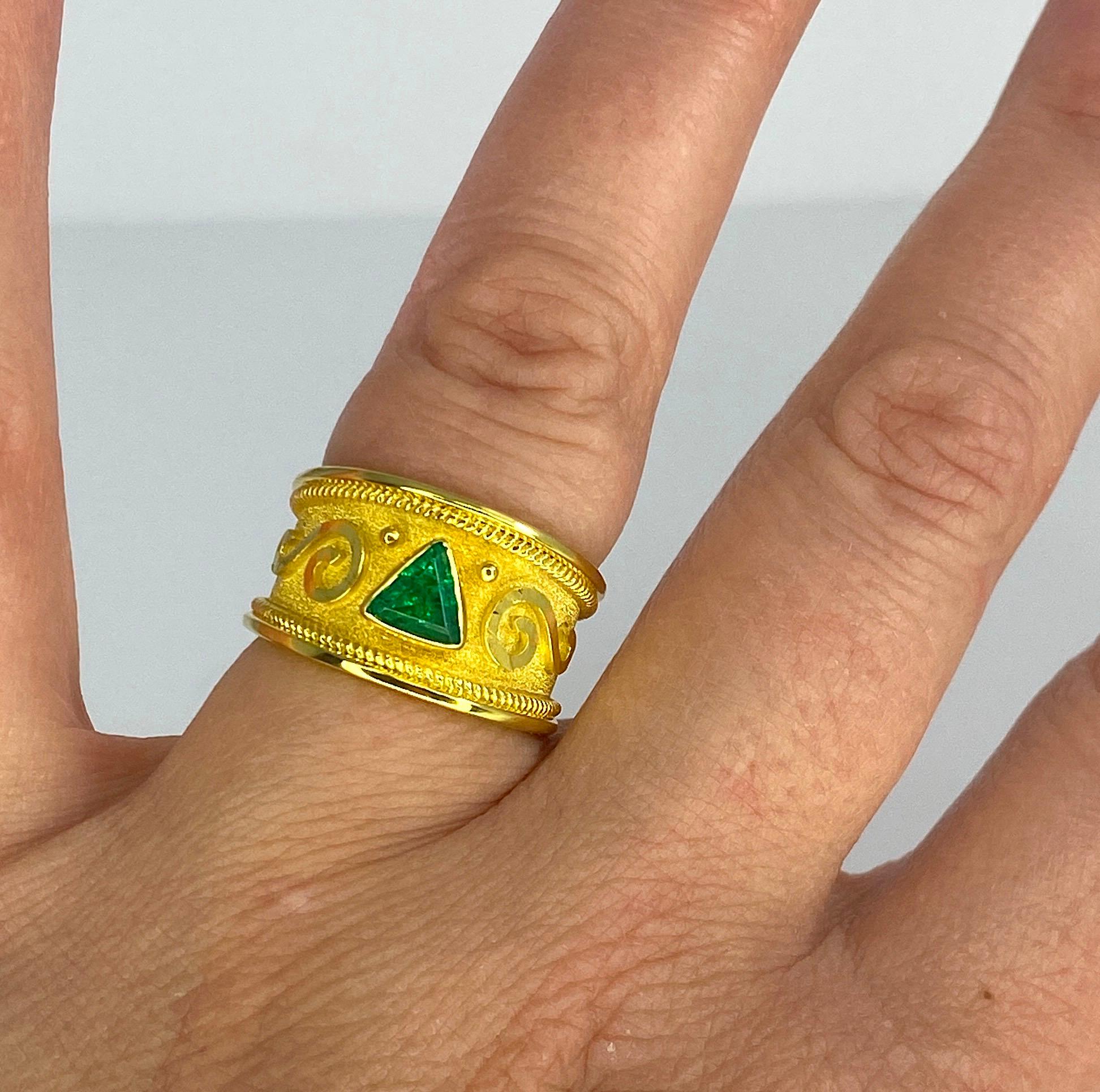 Georgios Collections 18 Karat Yellow Gold Trillion Emerald Ring For Sale 9
