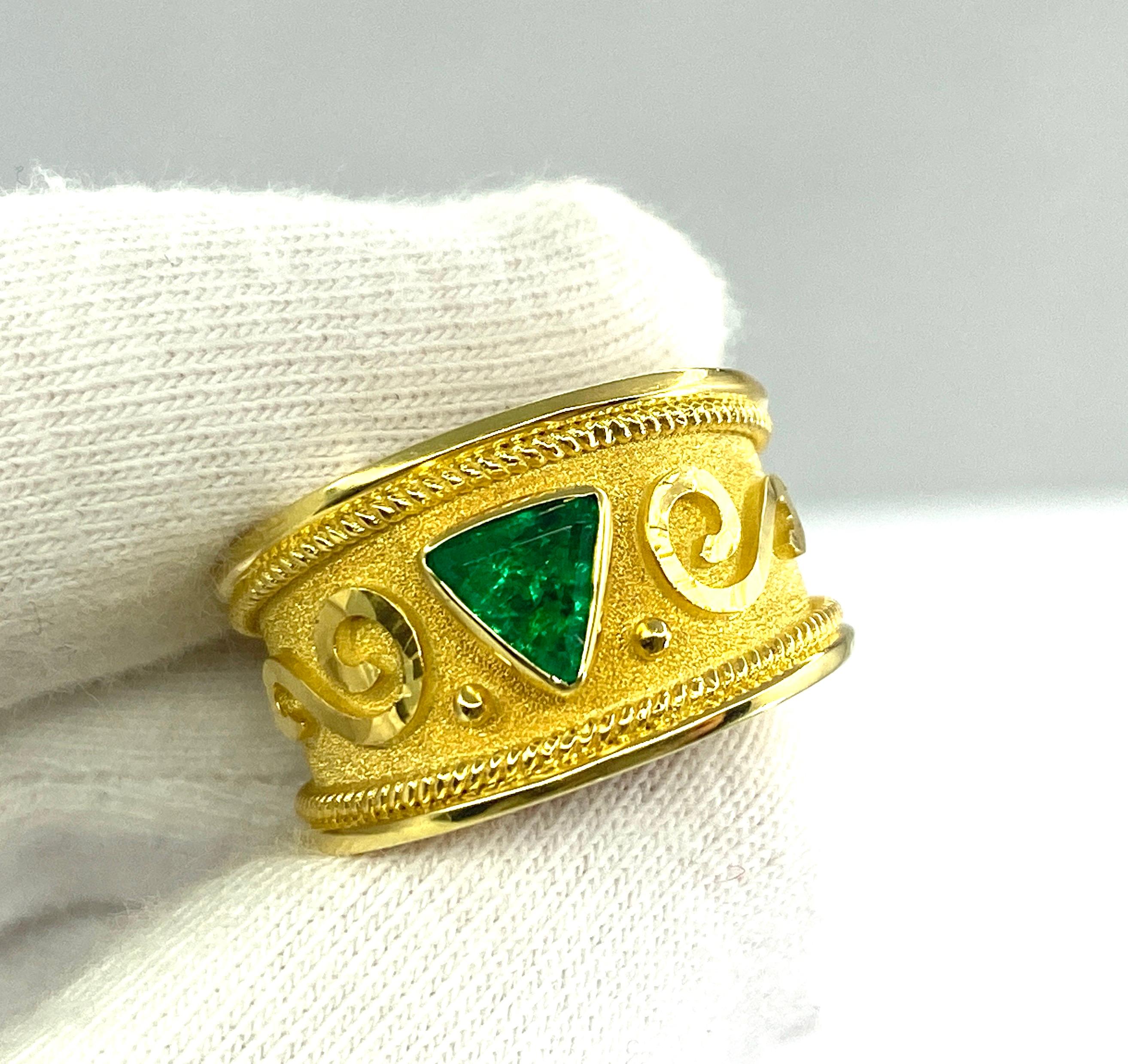 Trillion Cut Georgios Collections 18 Karat Yellow Gold Trillion Emerald Ring For Sale