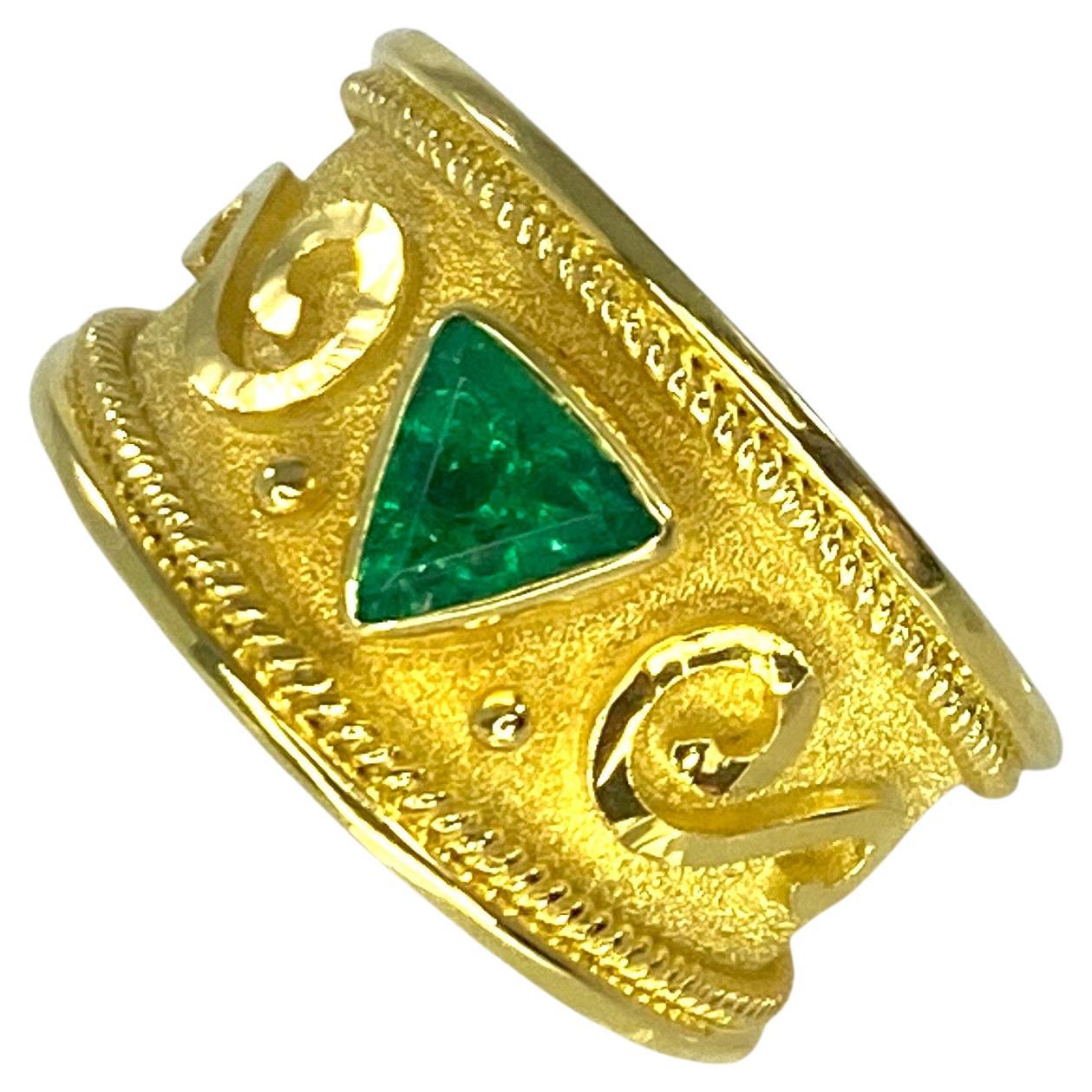 Georgios Collections 18 Karat Yellow Gold Trillion Emerald Ring For Sale