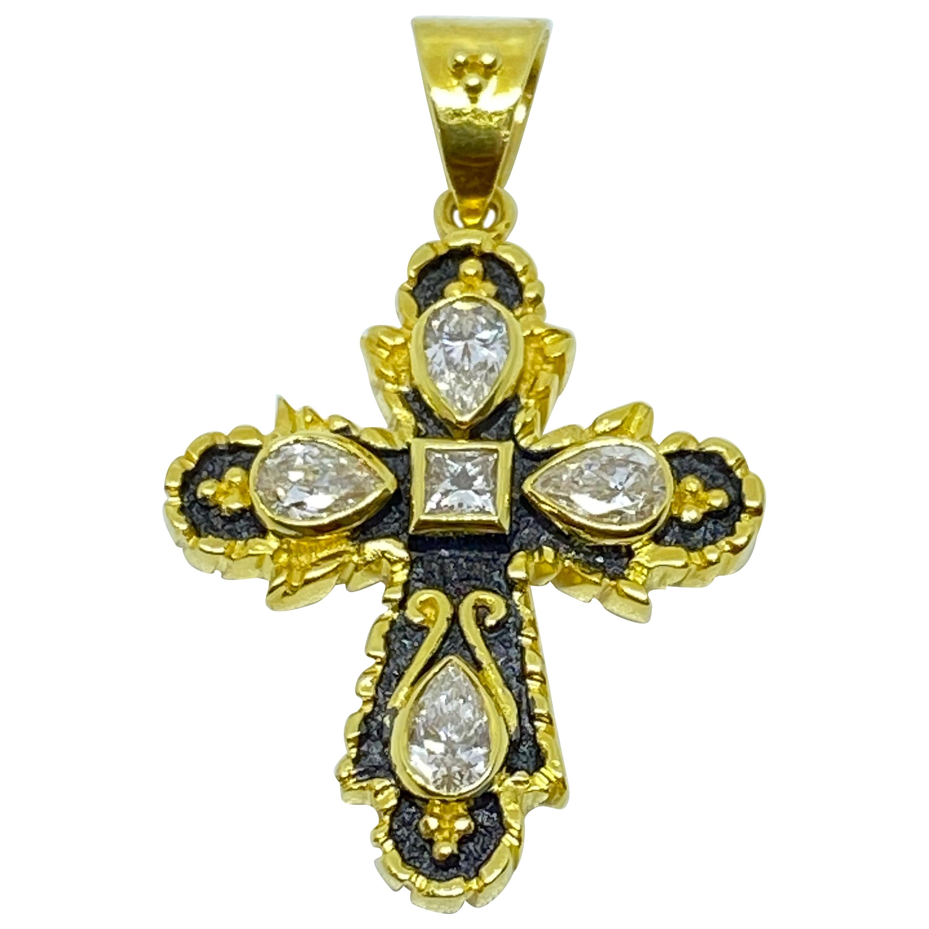 Georgios Collections 18 Karat Yellow Gold Two-Tone Black Rhodium Diamond Cross