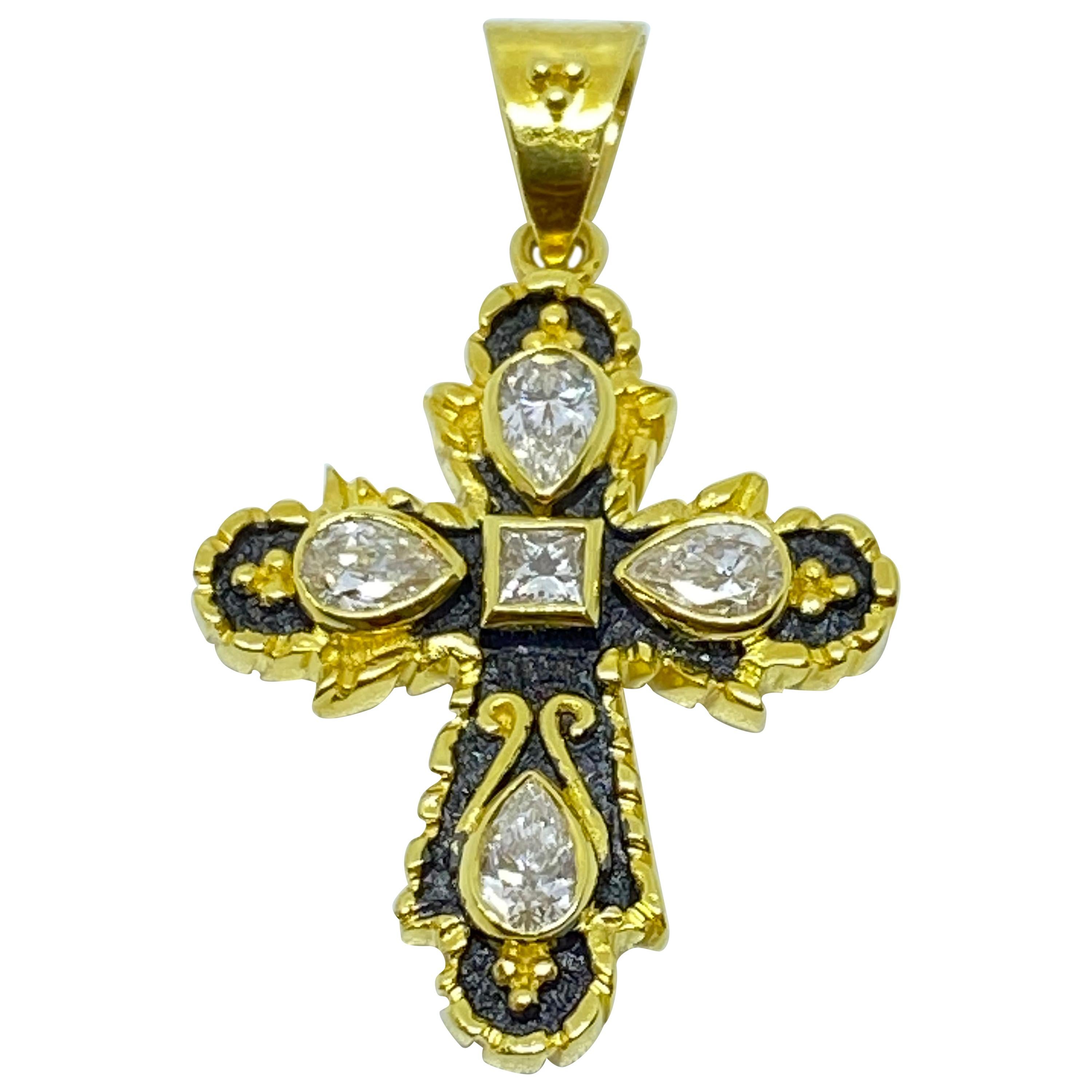 Georgios Collections 18 Karat Yellow Gold Two-Tone Black Rhodium Diamond Cross  For Sale