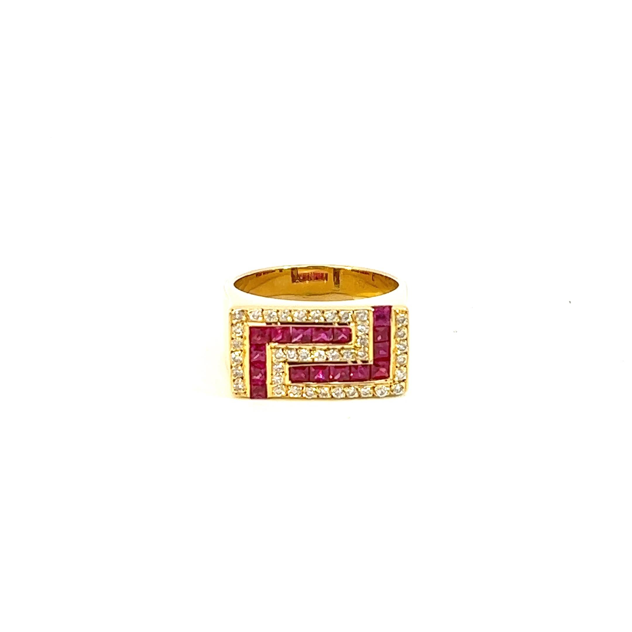 Georgios Collections 18 Karat Yellow Gold Unisex Diamond Blood Red Ruby Ring For Sale 10