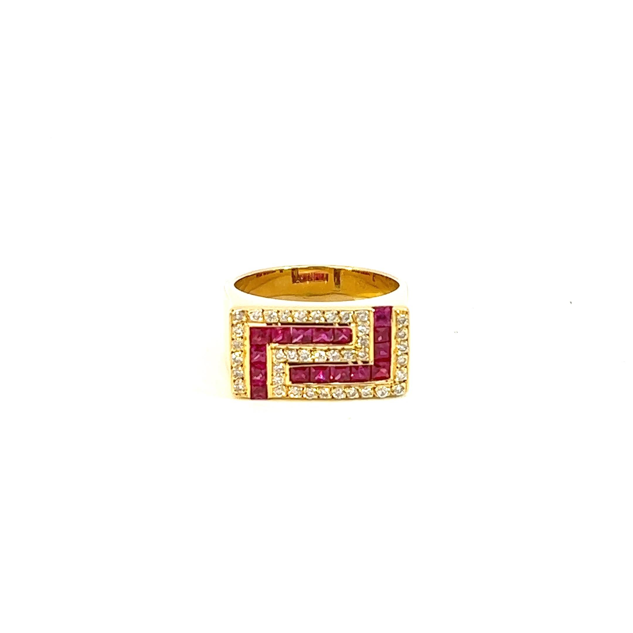 Georgios Collections 18 Karat Yellow Gold Unisex Diamond Blood Red Ruby Ring For Sale 11