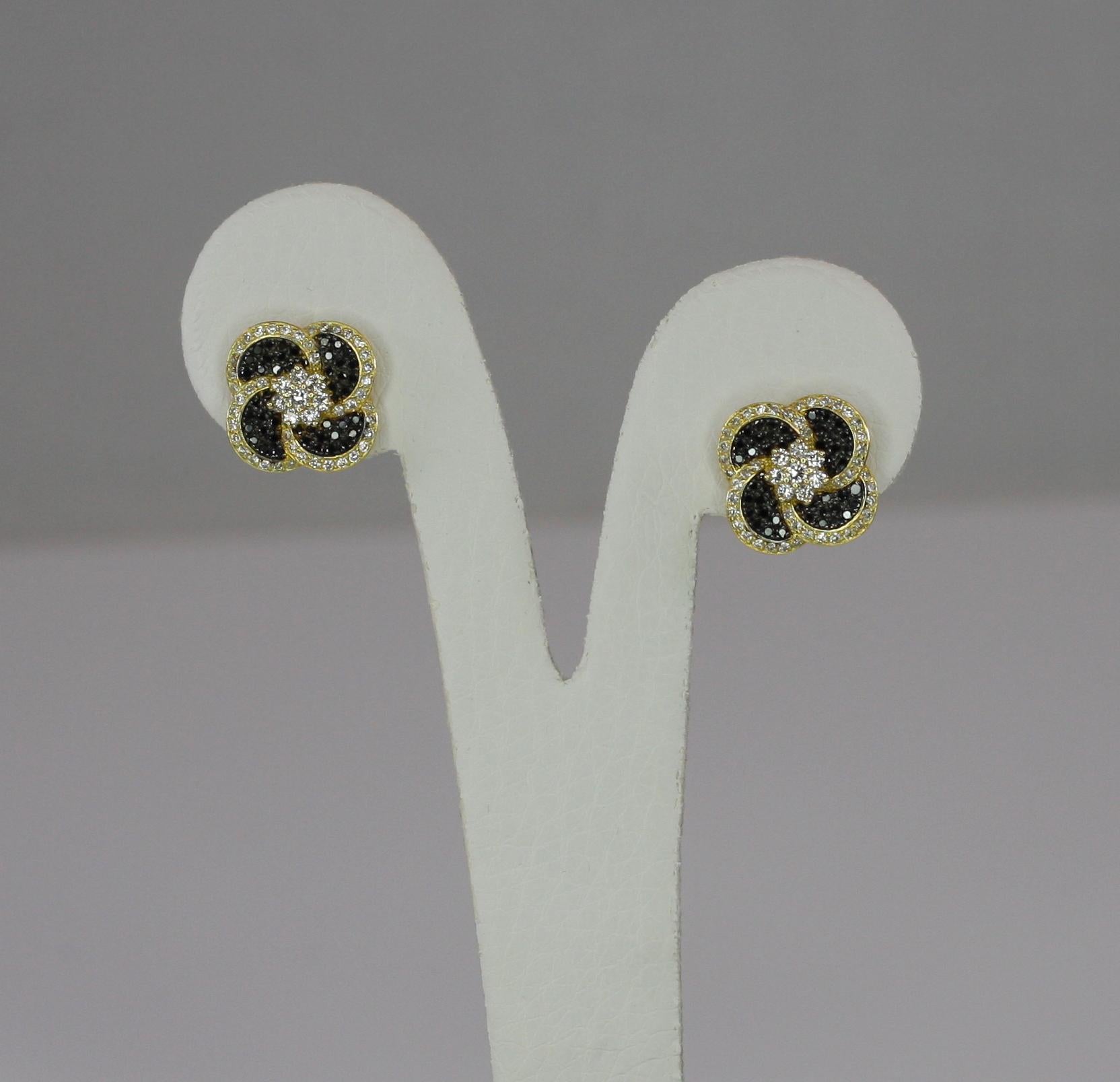 Round Cut Georgios Collections 18 Karat Yellow Gold White and Black Diamond Stud Earrings For Sale