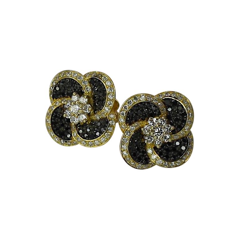 Georgios Collections 18 Karat Yellow Gold White and Black Diamond Stud Earrings For Sale