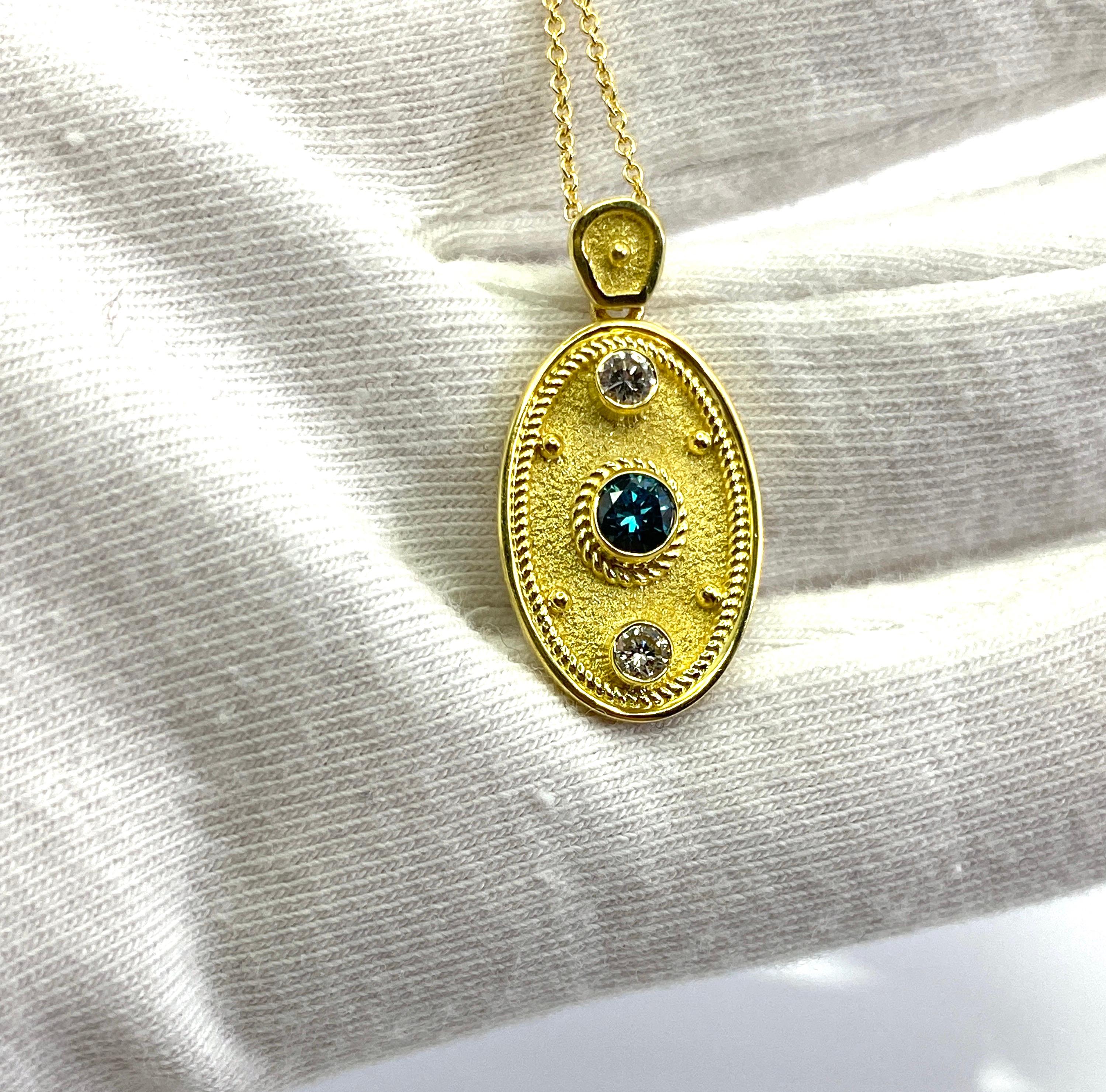 Byzantine Georgios Collections 18 Karat Yellow Gold White and Blue Diamond Oval Pendant For Sale