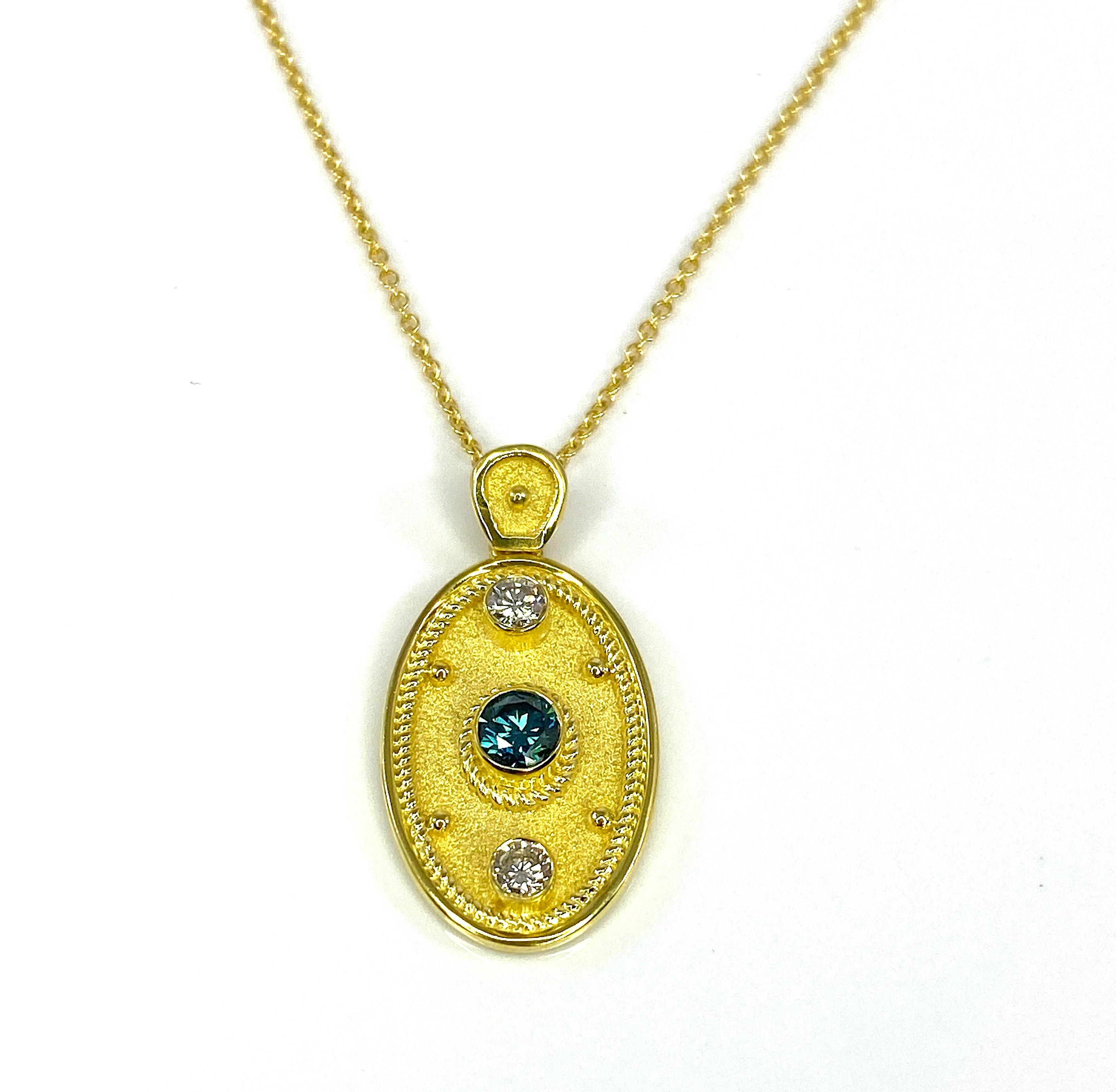Georgios Collections 18 Karat Yellow Gold White and Blue Diamond Oval Pendant In New Condition For Sale In Astoria, NY