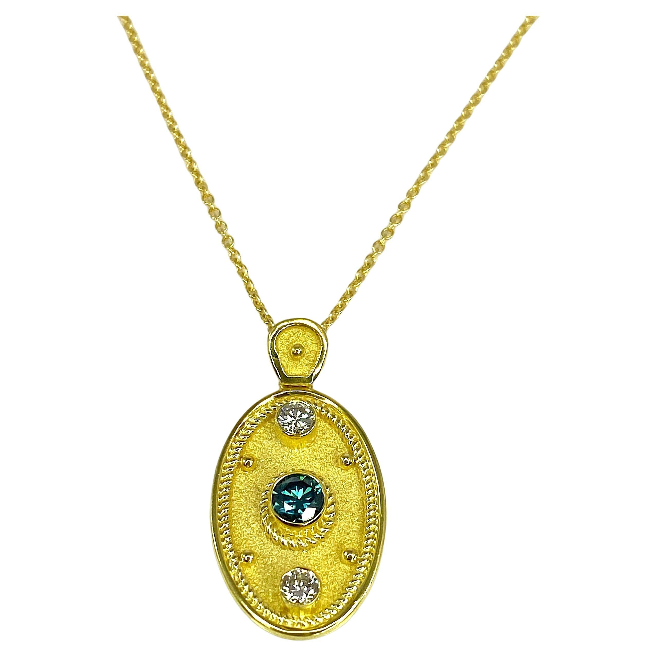 Georgios Collections 18 Karat Yellow Gold White and Blue Diamond Oval Pendant For Sale