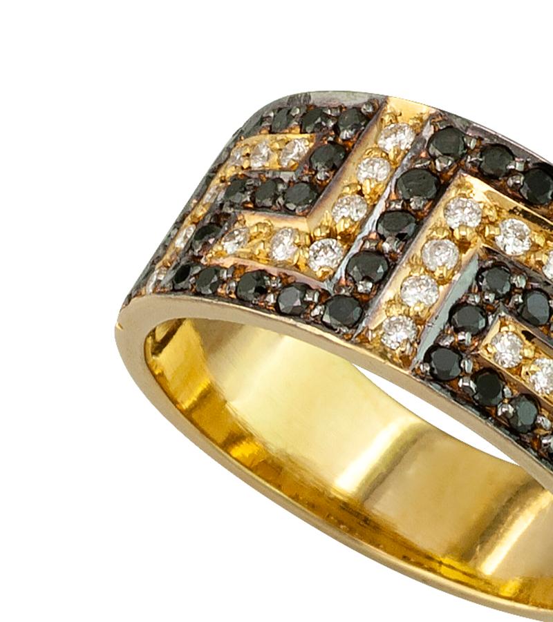 Princess Cut Georgios Collections 18 Karat Yellow Gold White Black and Diamond Greek Key Ring For Sale