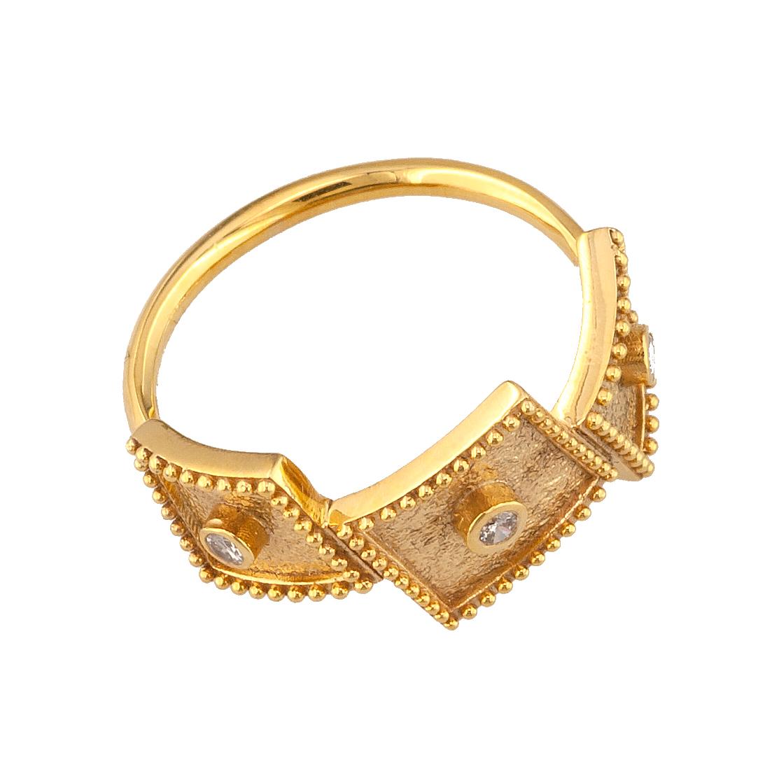 This S.Georgios designer thin band ring is 18 Karat yellow gold and microscopically decorated with hand-made granulation workmanship, and finished with a unique contrast velvet look. This beautiful thin band ring features 3 brilliant-cut White