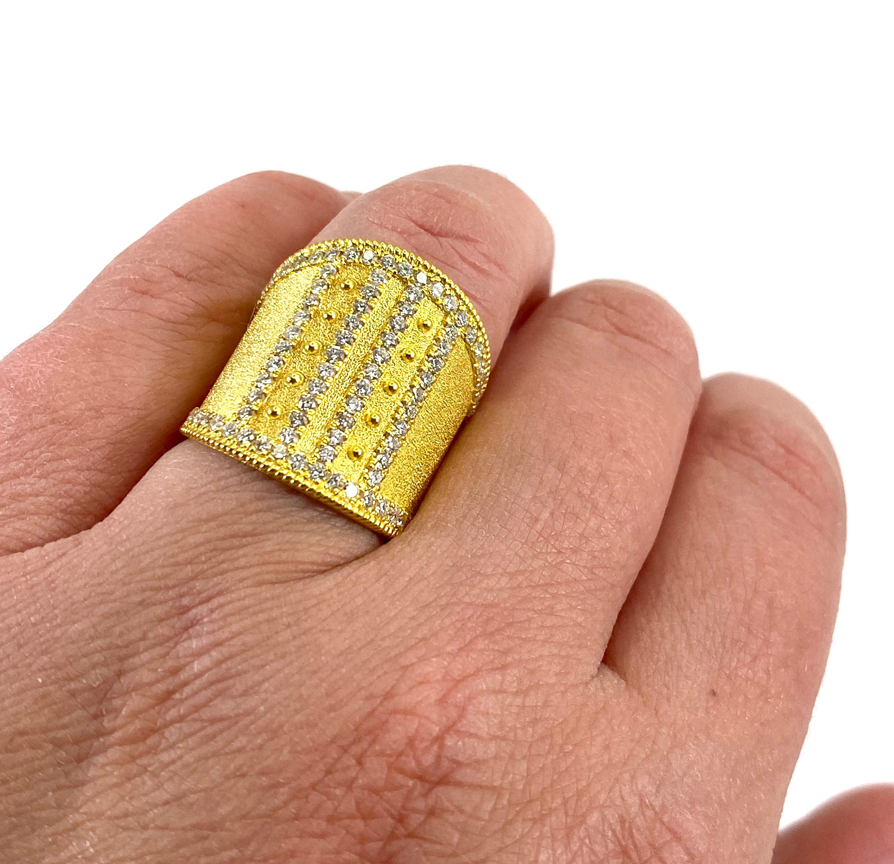 Byzantine Georgios Collections 18 Karat Yellow Gold Wide Diamond and Granulation Ring  For Sale