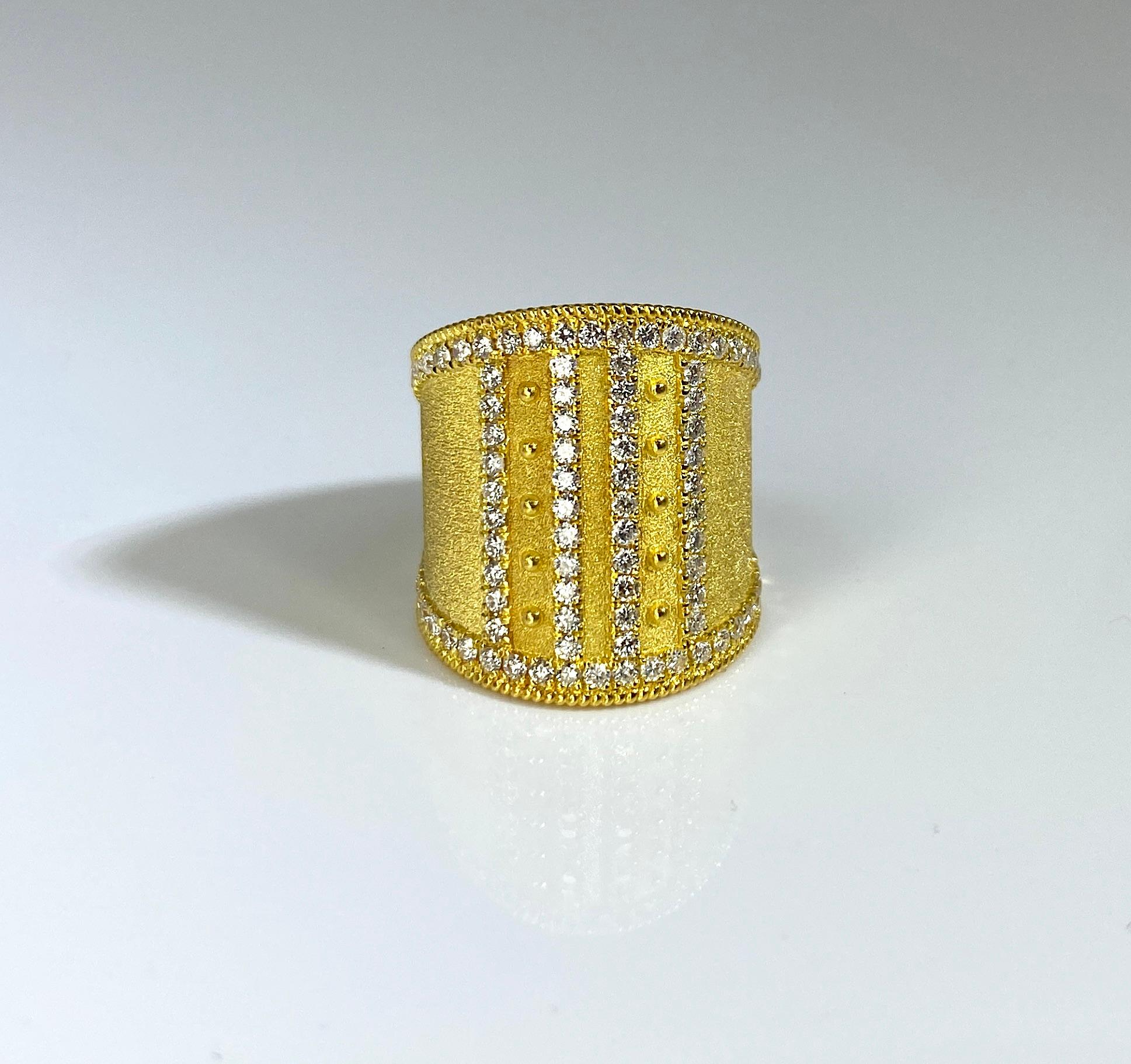 Georgios Collections 18 Karat Yellow Gold Wide Diamond and Granulation Ring  In New Condition For Sale In Astoria, NY