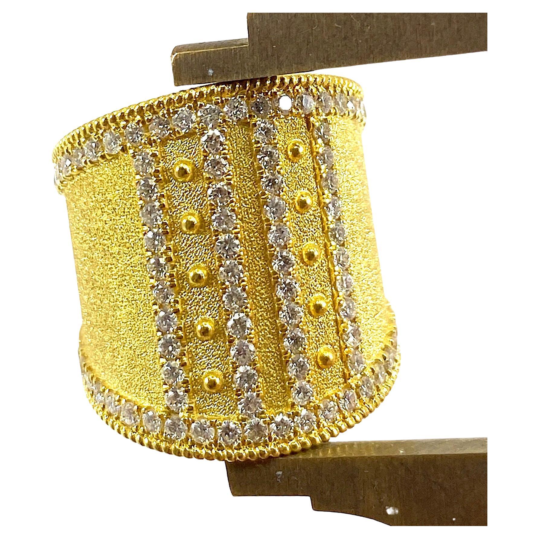 Georgios Collections 18 Karat Yellow Gold Wide Diamond and Granulation Ring  For Sale