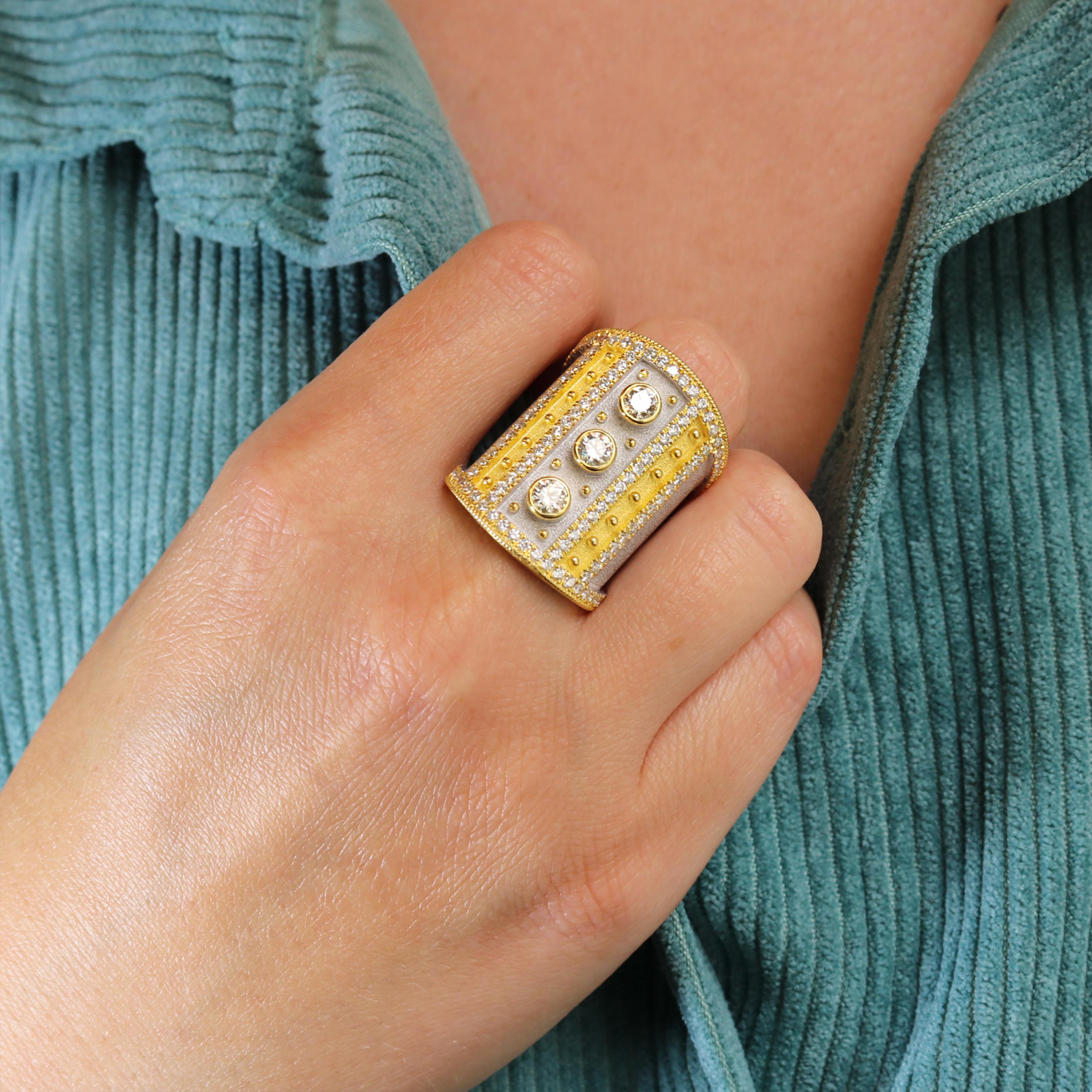 Georgios Collections 18 Karat Yellow Gold Wide Diamond Ring with White Rhodium For Sale 4