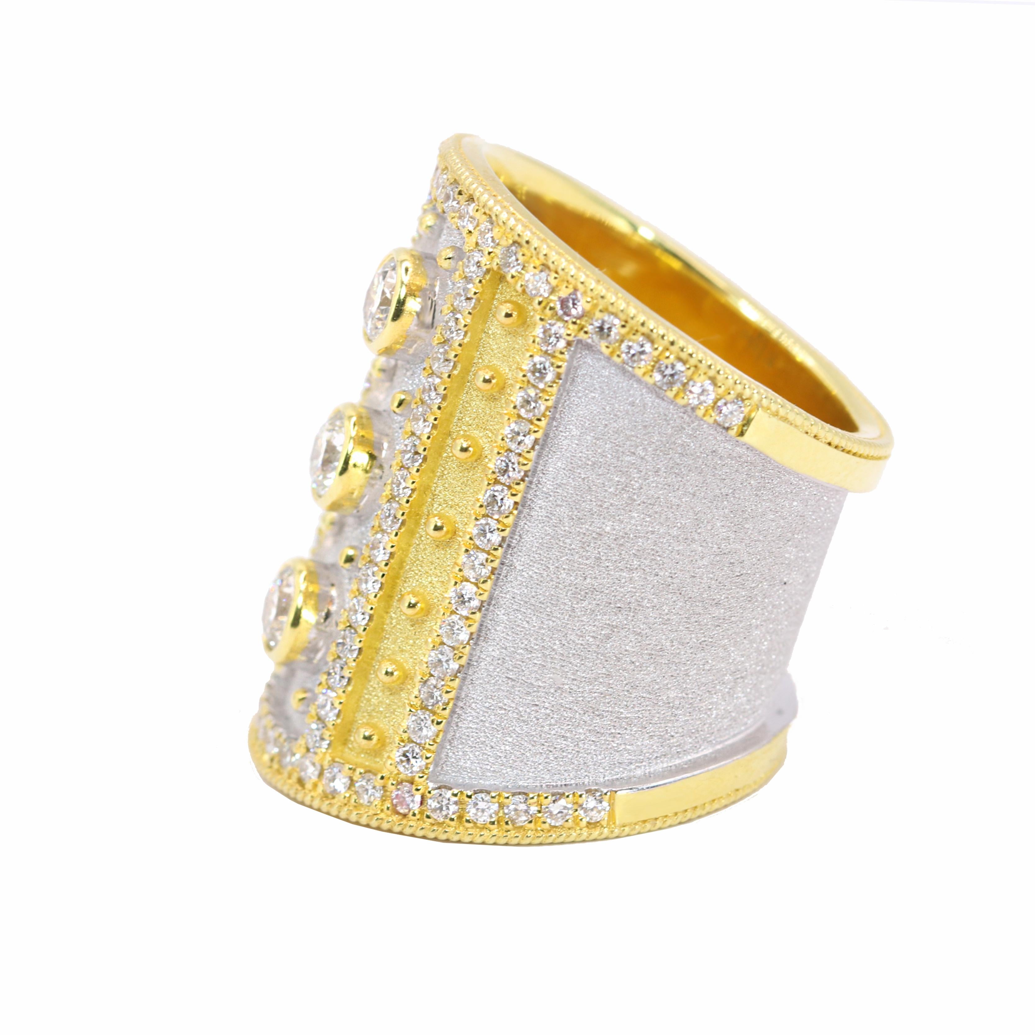 Byzantine Georgios Collections 18 Karat Yellow Gold Wide Diamond Ring with White Rhodium For Sale