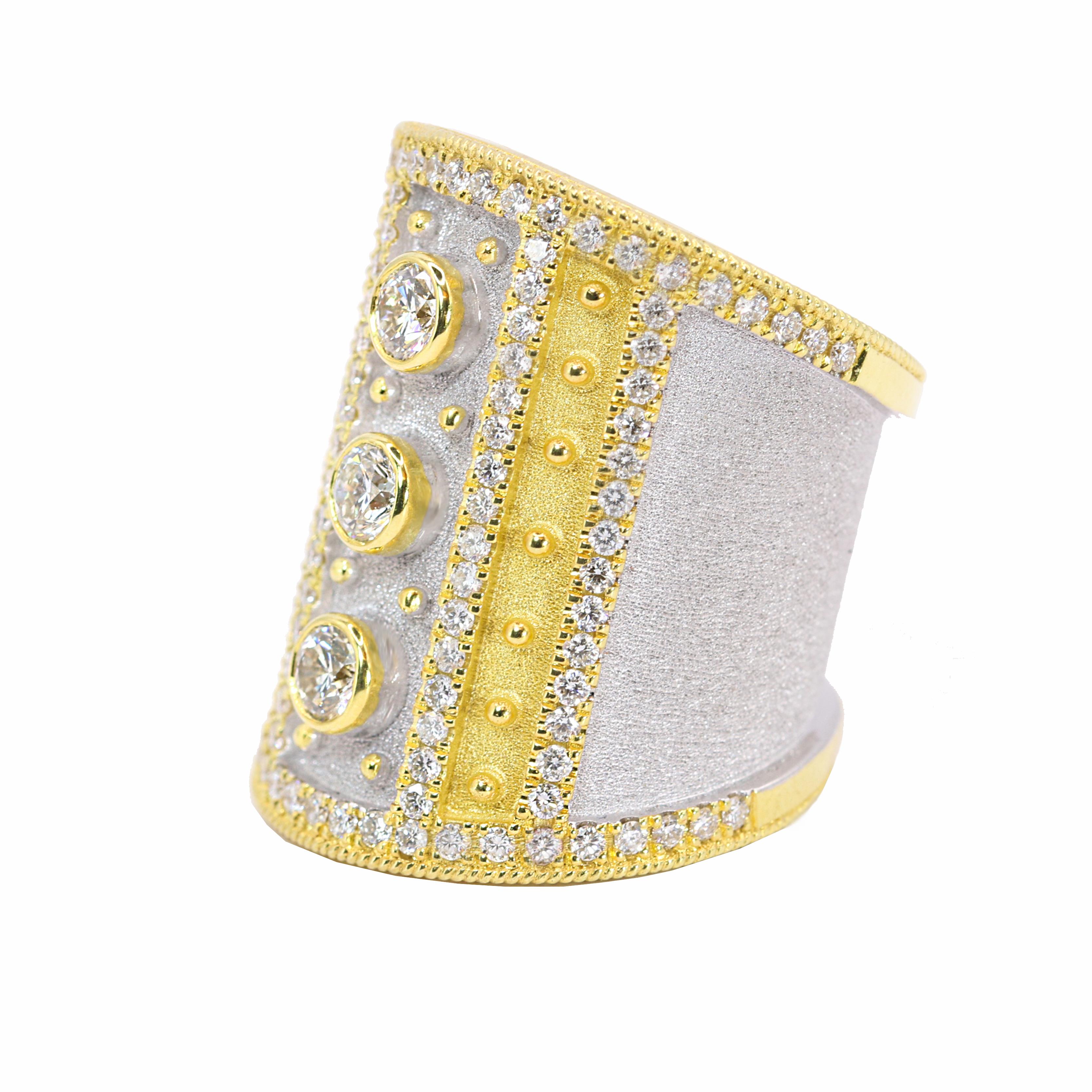 Georgios Collections 18 Karat Yellow Gold Wide Diamond Ring with White Rhodium In New Condition For Sale In Astoria, NY
