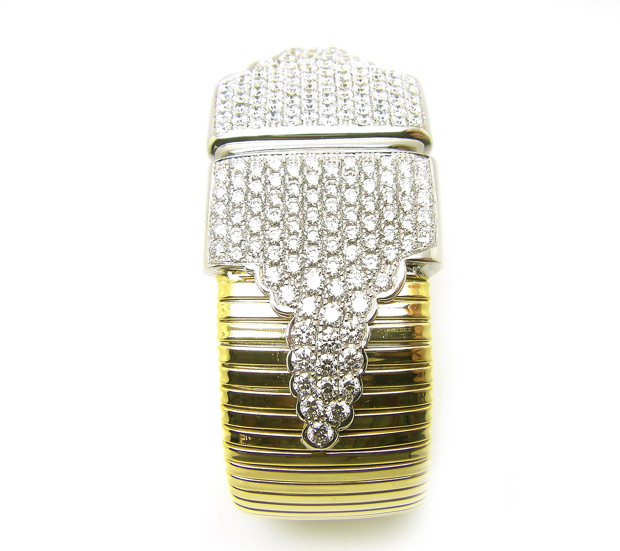 Round Cut Georgios Collections 18 Karat Yellow Gold Wide Flexible Diamond Cuff Bracelet For Sale