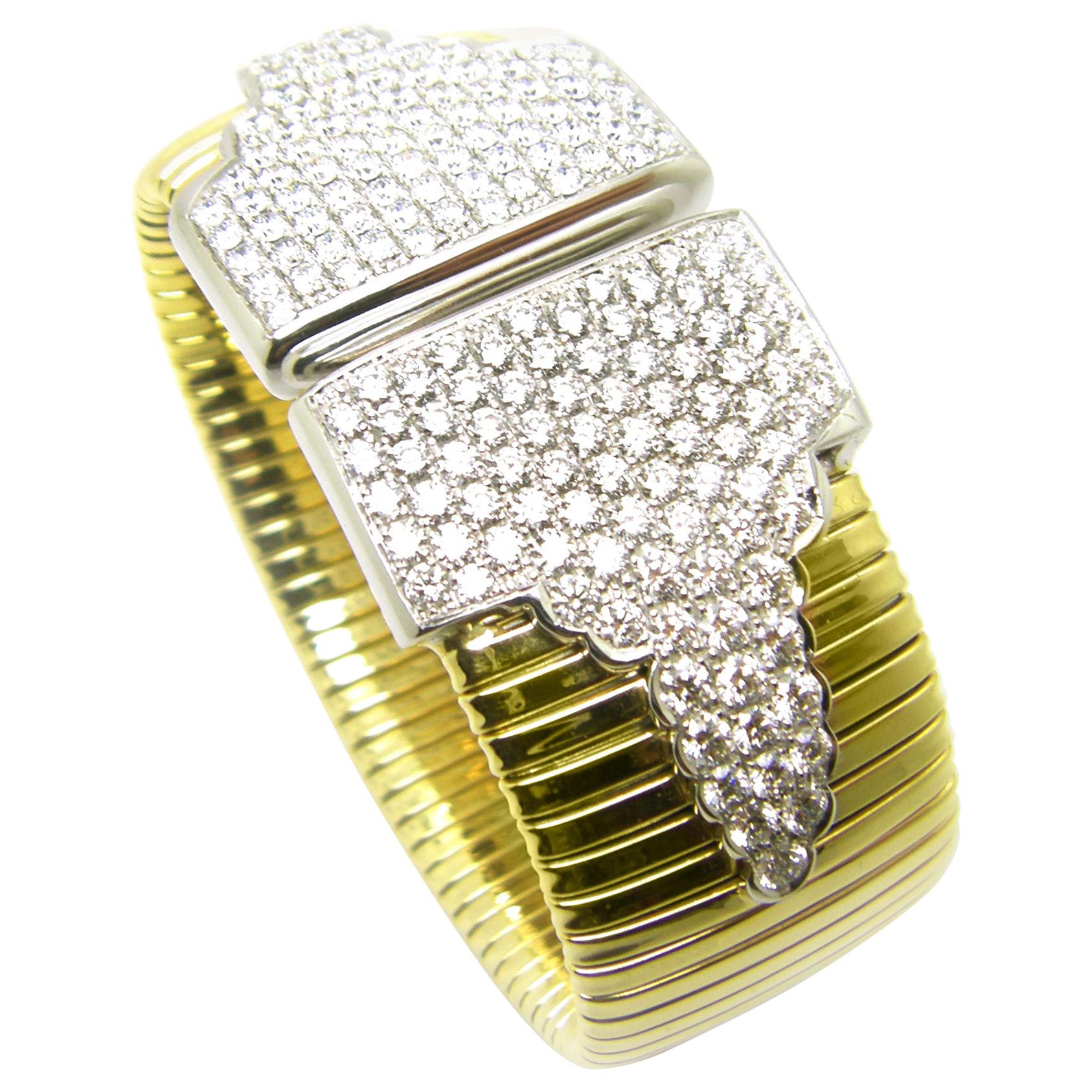 Georgios Collections 18 Karat Yellow Gold Wide Flexible Diamond Cuff Bracelet